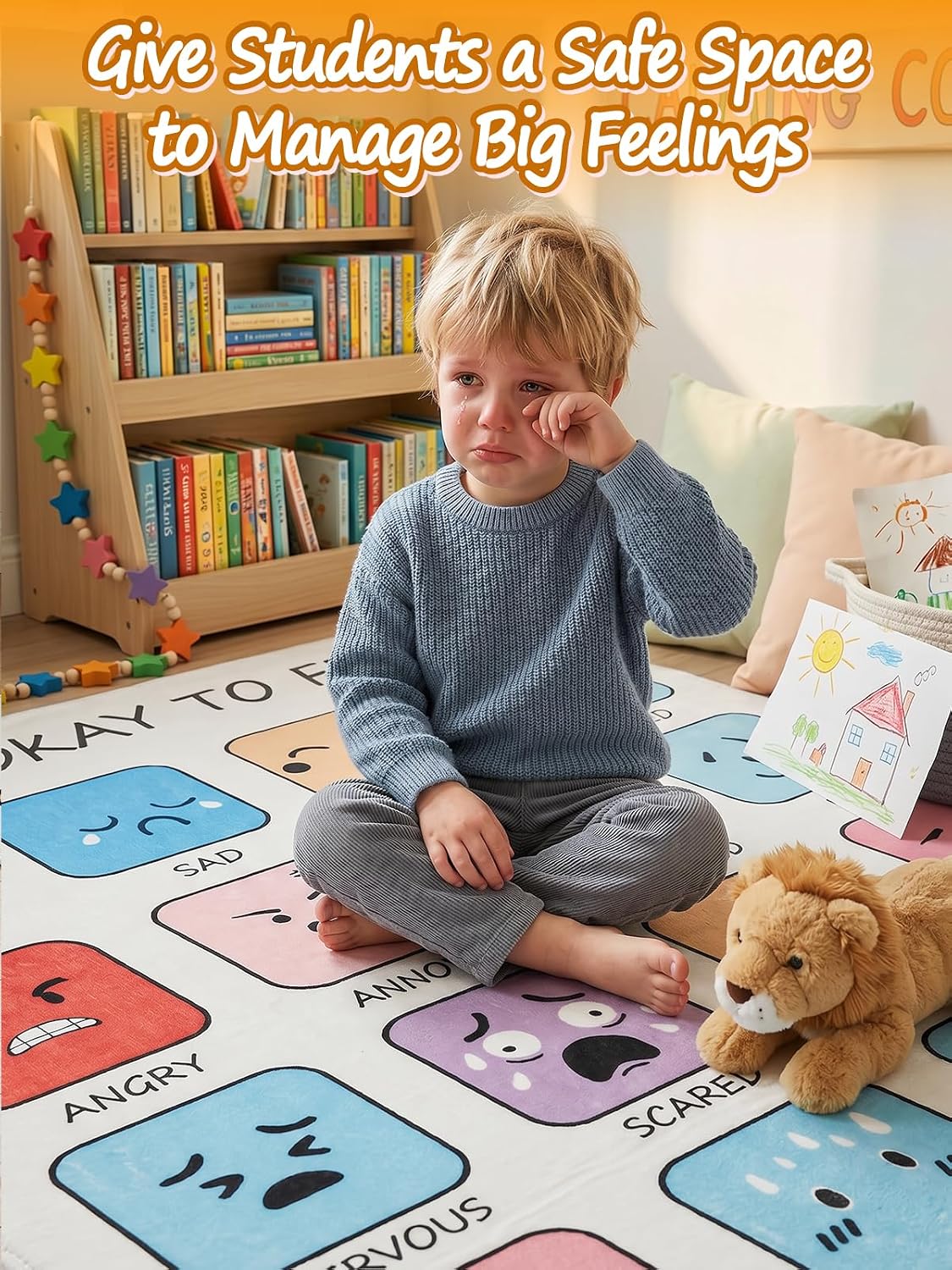 Aulock 39.5'' x 48'' Calm Down Corner Supplies Classroom Rug - Non-Slip Backing with 8 Grippers, Feelings Chart Theme Kids Reading Rug for Playroom Nursery Teacher Classroom Decor