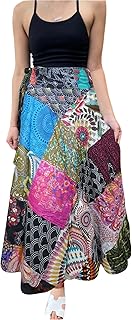 Mogul Interior Womens Wrap Around Skirts Blue Patchwork Fashion One Size
