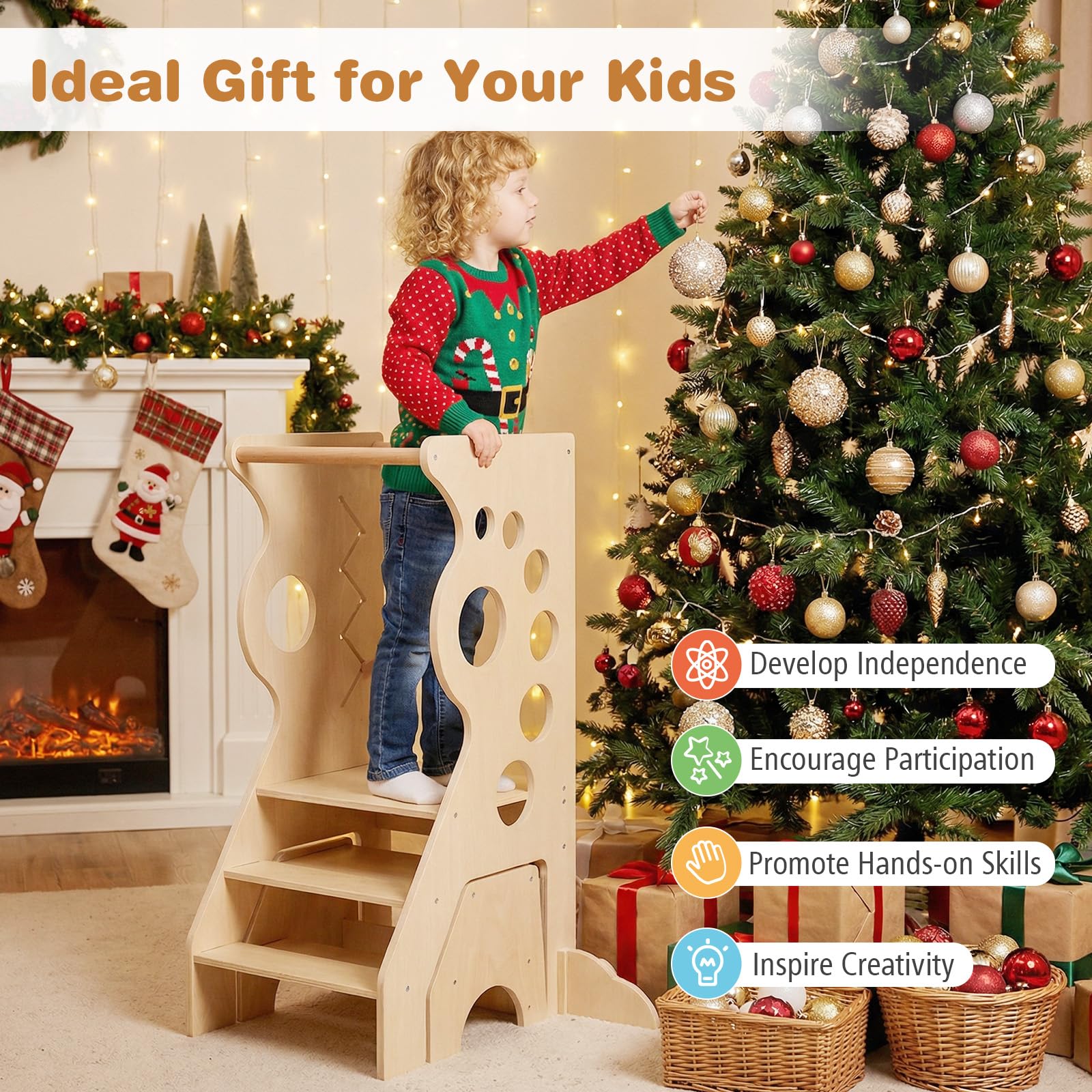 COSTWAY 3 in 1 Lernturm mit 2-Stufen-Hocker, Tritthocker aus Holz mit abnehmbaren Sicherheitsstangen & Linienspiele, Trittleiter & Kindersitzgruppe Montessori, Trittschemel für Kinder ab 3 Jahren