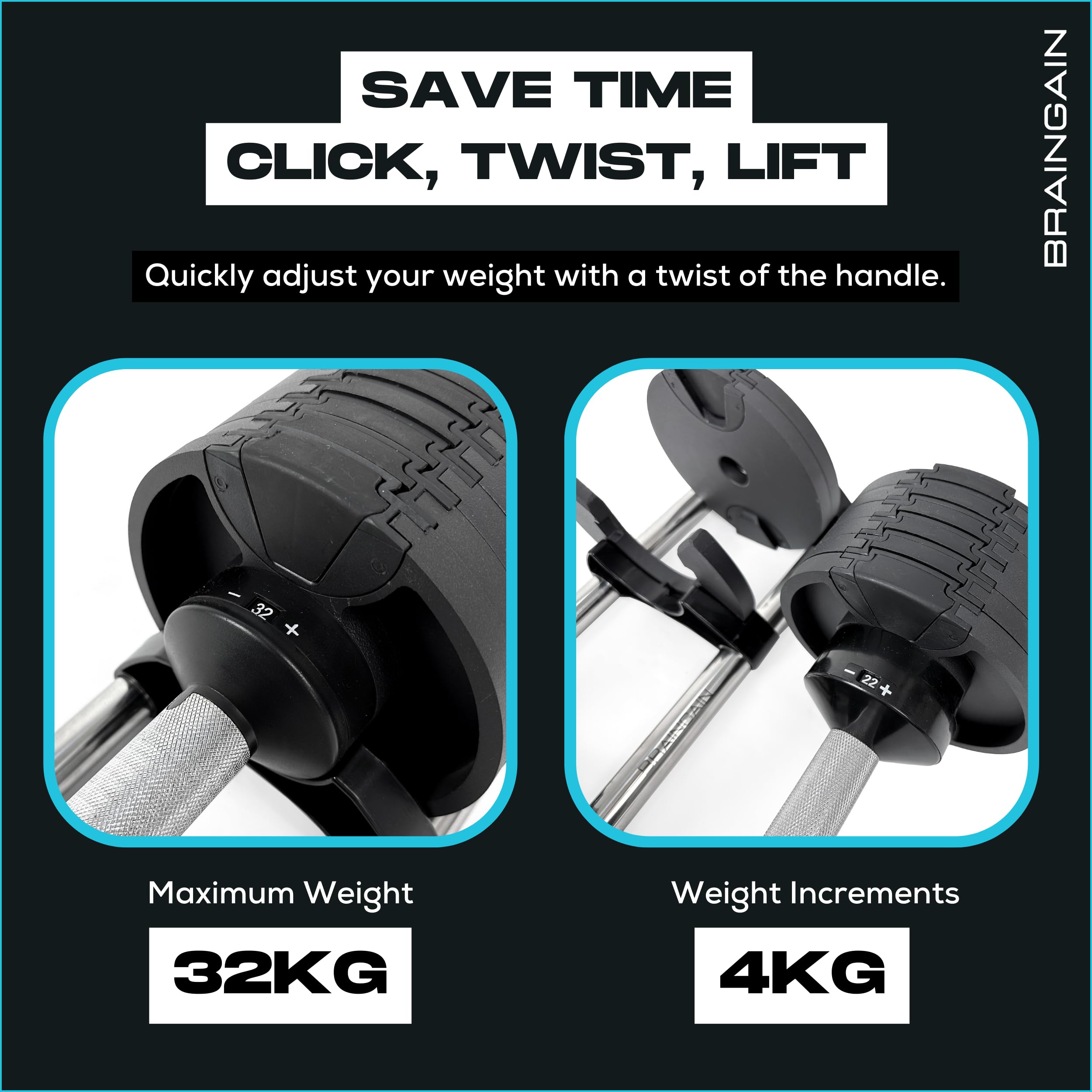 Haltères Réglables BRAINGAIN 23,5kg, 32,5kg Ou 41,5kg Chrome/Noir - Set Polyvalent Pour Musculation à Domicile