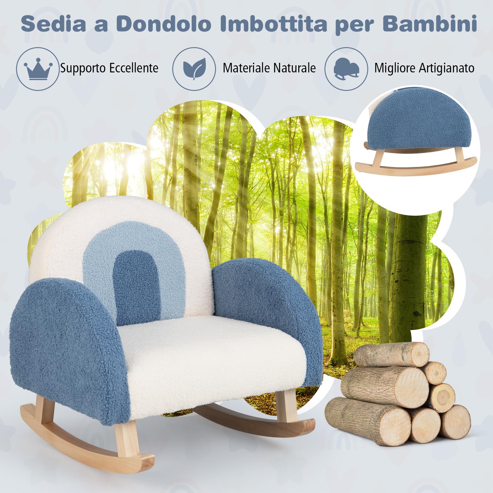 GYMAX Poltrona per Bambini a Dondolo in Teddy Velluto con Gamba in Legno Massello, Poltrona Imbottita a Dondolo per Bambini Carini per Asilo Nido e Sala Giochi, Età 3-5 Anni (blu)