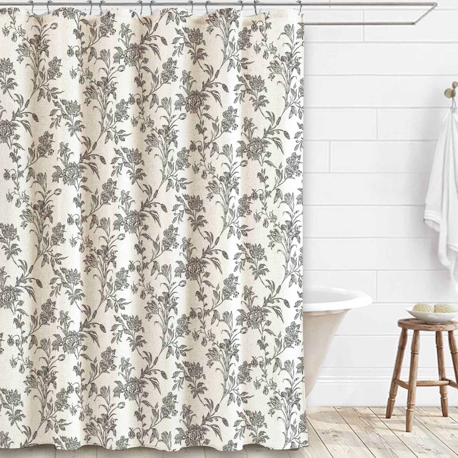 black shower curtain floral cotton linen cottagecore shower curtain for bathroom 72" w x 84" l linen black extra long 84"l x 72"w