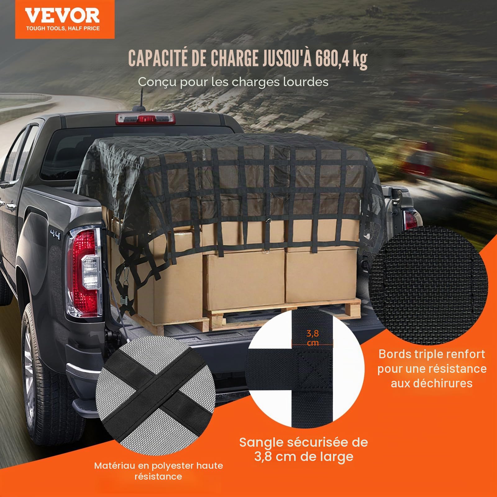 VEVOR Filet de Chargement, 302x267 cm, Filet à Bagages Robuste pour Camion, 680 kg, 4 Sangles réglables avec mousquetons et Crochets en S, résistant à l'usure, aux intempéries, pour Jeep, SUV, Bateau