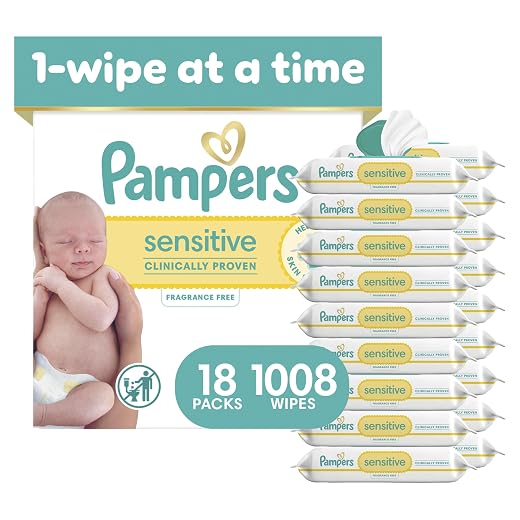Pampers Sensitive Baby Wipes, Unscented, Fragrance Free, Clinically Proven, Water Based, Hypoallergenic, Multi-Use, Hand Wipes, 1008 Wipes Total (18X Flip-Top Packs)
