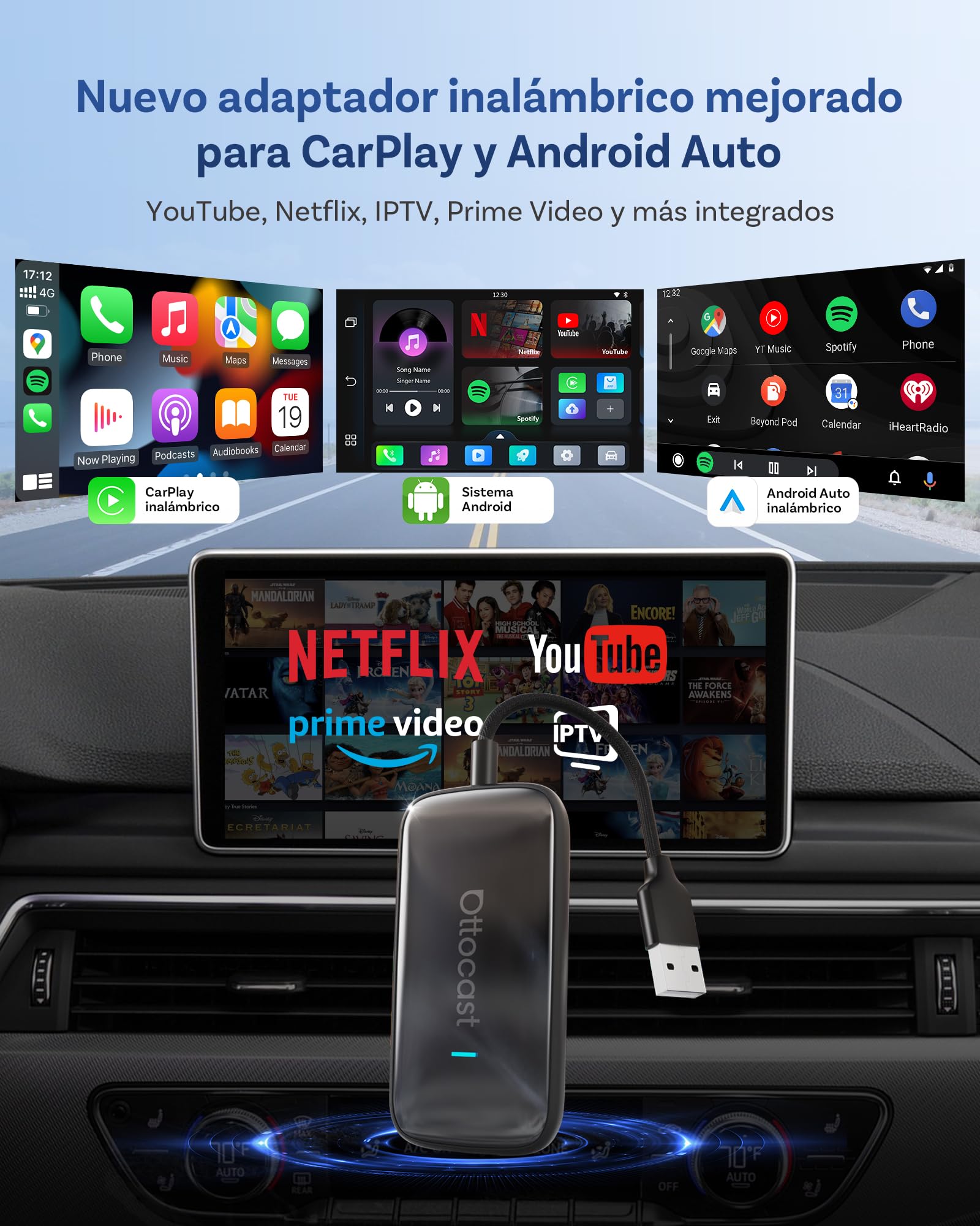 2026 Nuevo OTTOCAST Play2video Ultra, Adaptador CarPlay & Android Auto Inalámbrico con Youtube Netflix, Plug & Play Chip 5G, 4GB+32GB Carplay AI Box para Coches con CarPlay por Cable después de 2016