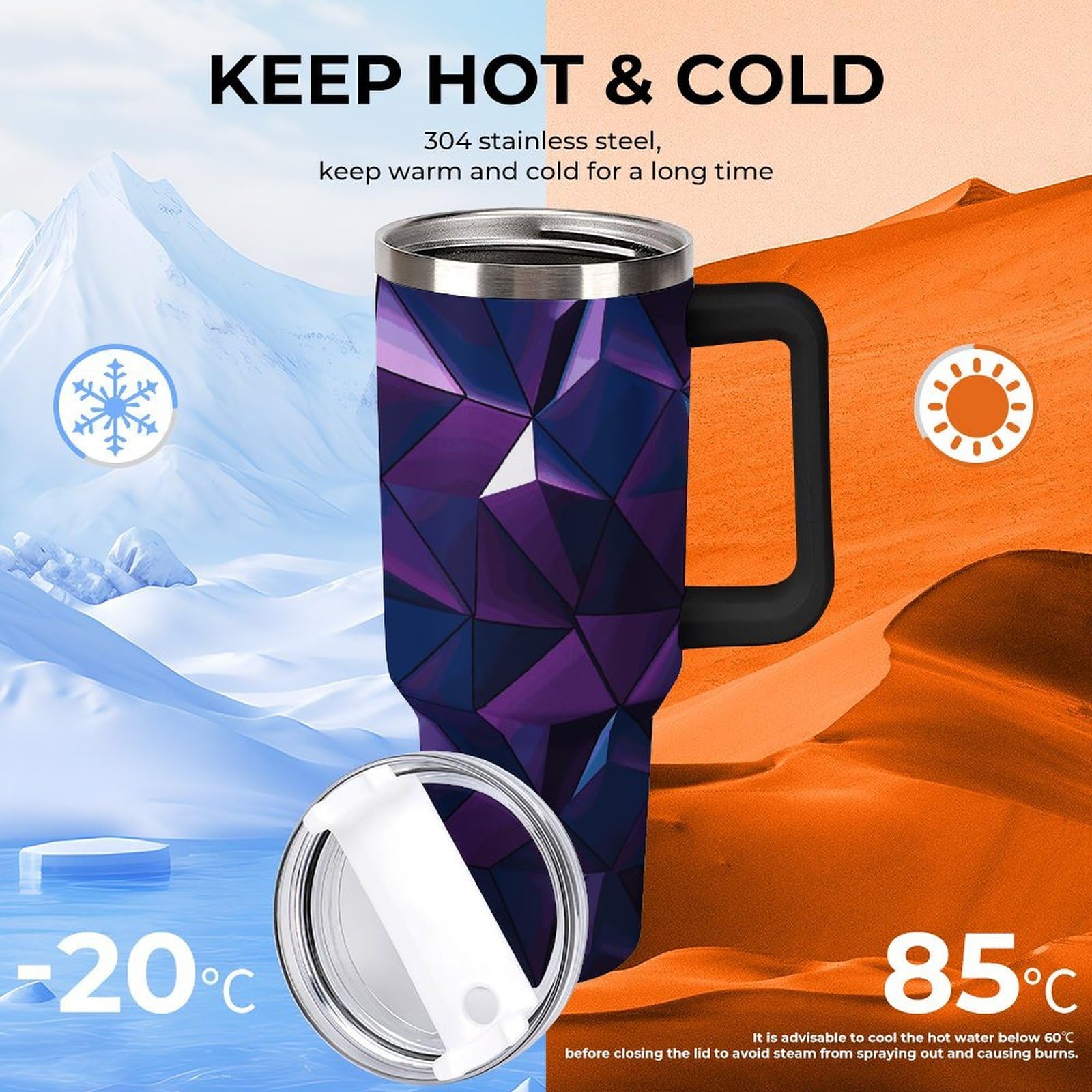 Tazas geométricas moradas con popote y asa, taza de café con aislamiento al vacío de doble pared, botellas de agua para café helado, té, bebida caliente y fría