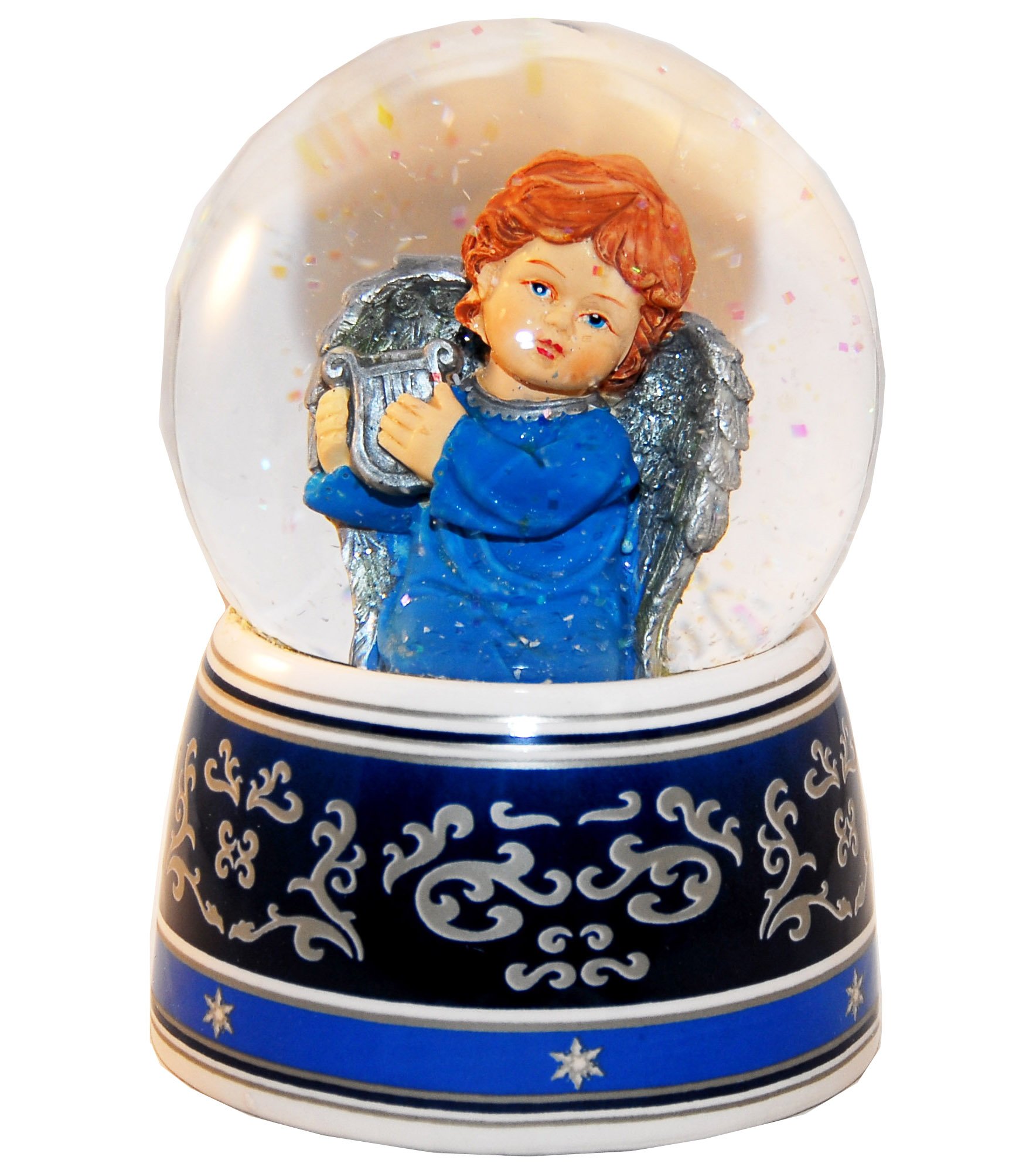 Minium Collection 20028 Snow Globe angel with harp | silber blue | music box 140mm height
