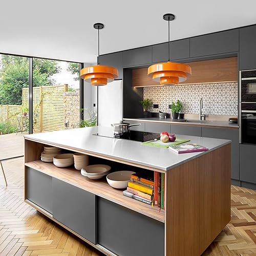 Miniatura 3 de Lámparas colgantes de mediados de siglo, iluminación colgante de techo naranja, diseño de pantalla de metal de 3 capas, luz colgante vintage, luz