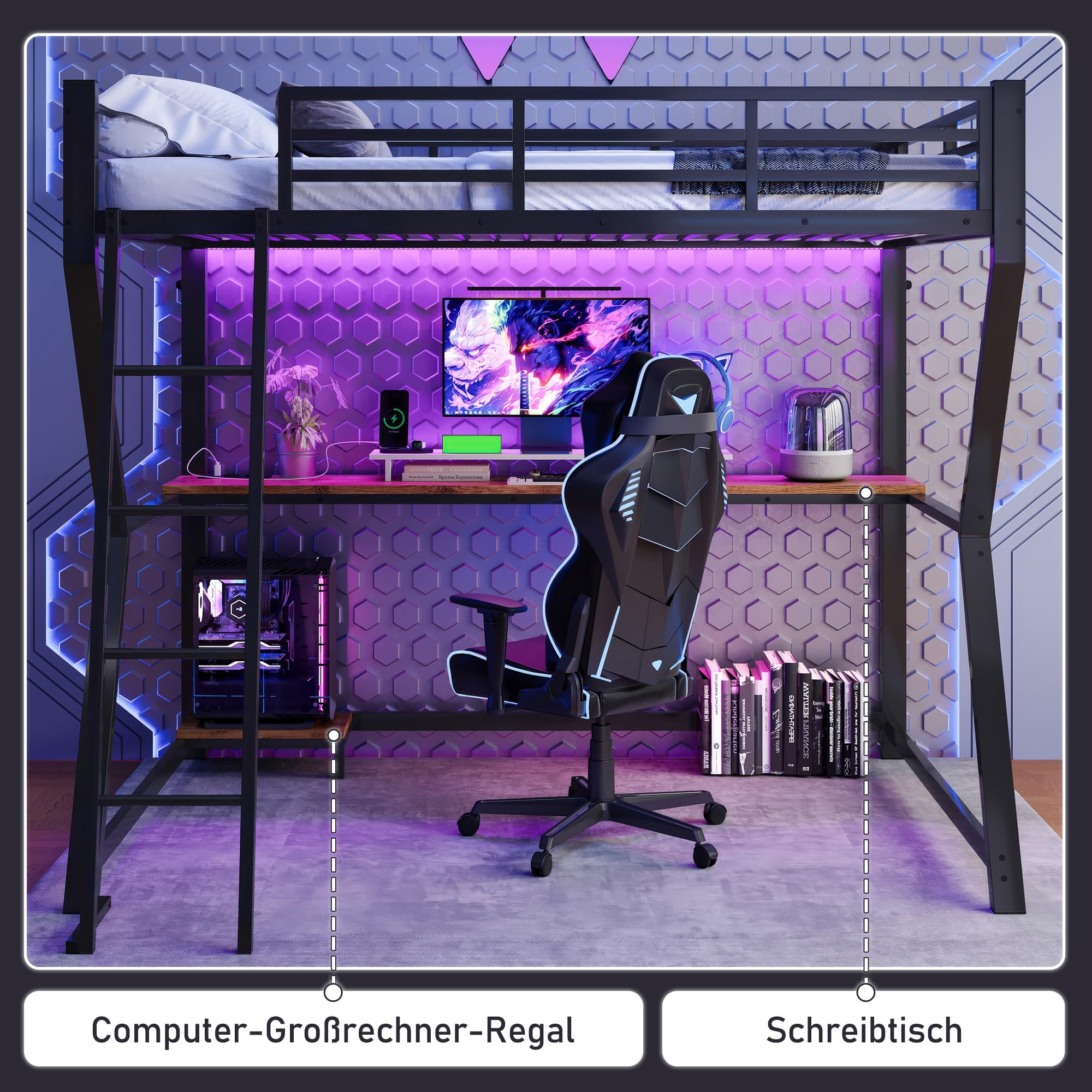 Letto a castello Letto singolo 90x200, Letto per bambini con letto a castello con luce LED e stazione di ricarica USB e scrivania e scaffale per console del computer, Letto in metallo singolo