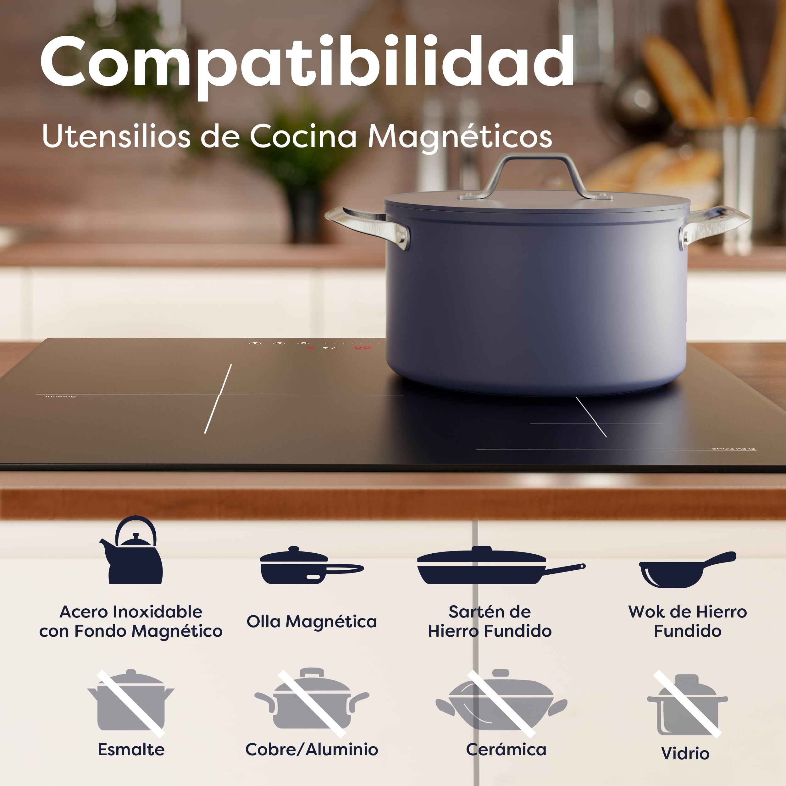 Ciarra Placa de Inducción 3 Zonas Flexible 2 en 1, 60 cm, 6600W | Boost, Función Pausa, Control Táctil Slider, Temporizador, Bloqueo Infantil, Detector de Recipientes