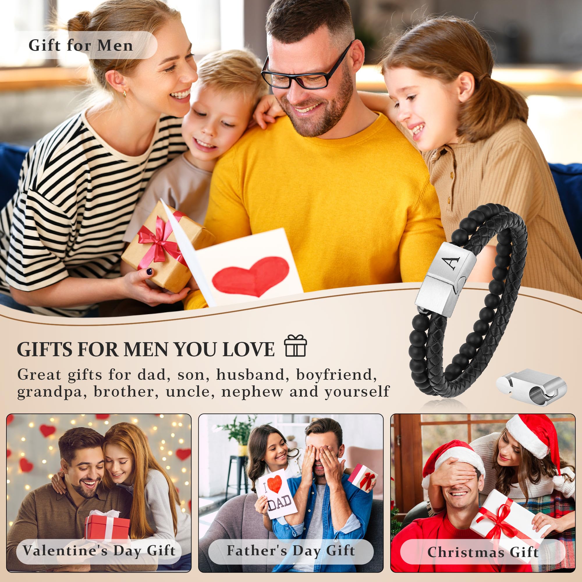 Regalo Navidad para hombre, brazalete de cuero con cuentas, con letra inicial nombre, 15/64 de pulgada, ágata mate, hecho a mano, ajustable, cierre magnético (acero inoxidable), 3