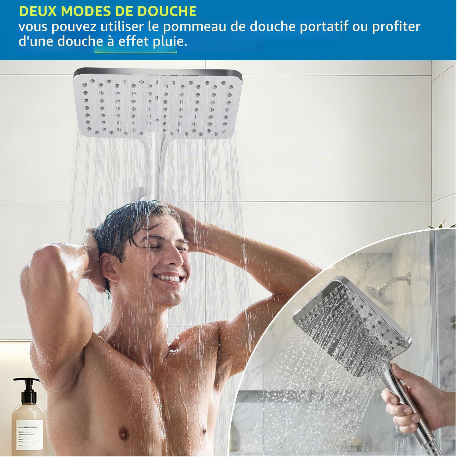 Grande Douchette À Main, Douches À Main Haute Pression Voolan, Douche À Effet Pluie Chromée de 25cm Suffisante pour Couvrir Tout le Corps, Carrée