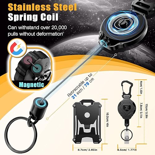 Miniatura 4 de ELV Llavero retráctil resistente con cierre magnético y mosquetón, clip para tarjetas de identificación, carrete de insignia con cable Dyneema de 31