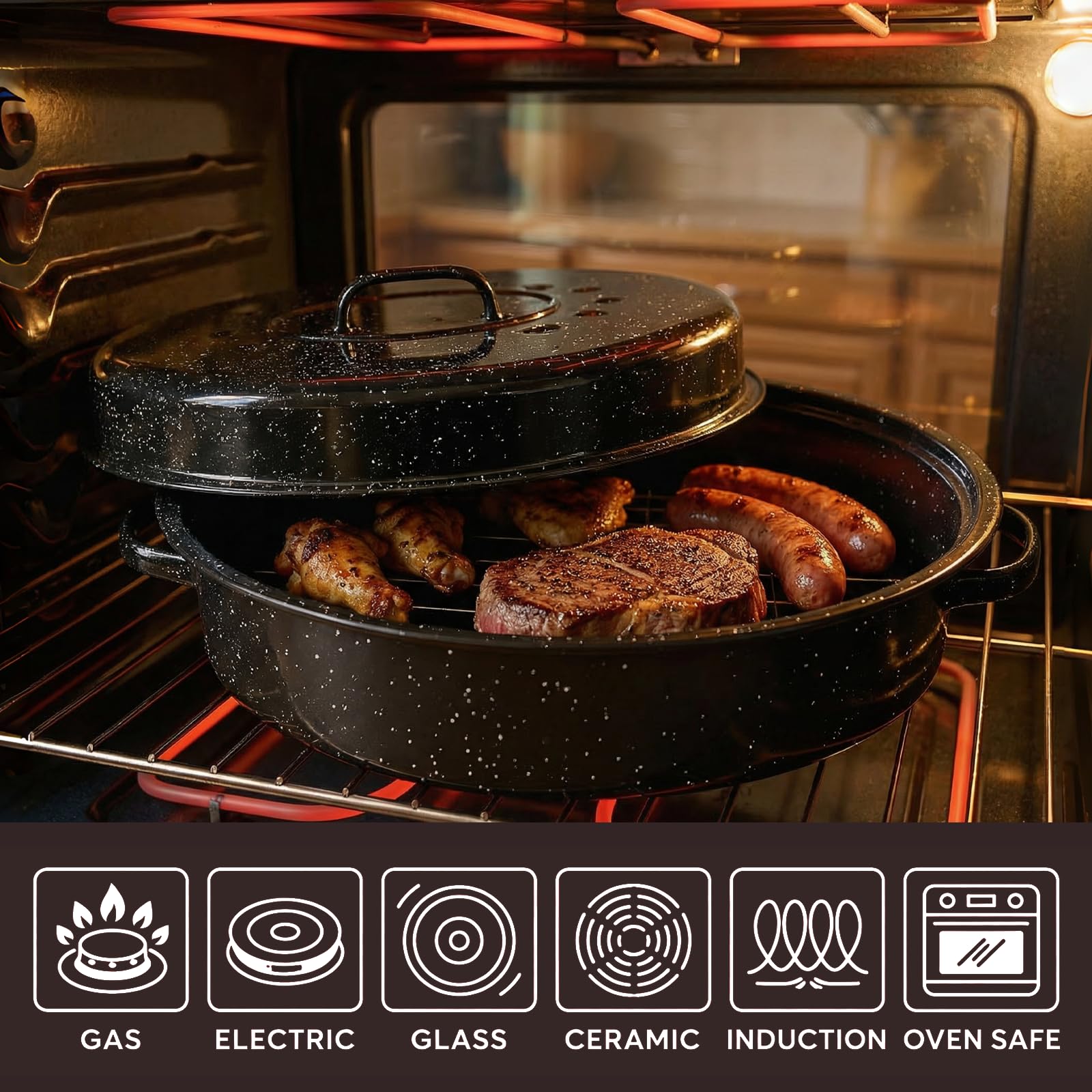 Large Enamel Turkey Roasting Pan with Lid -4