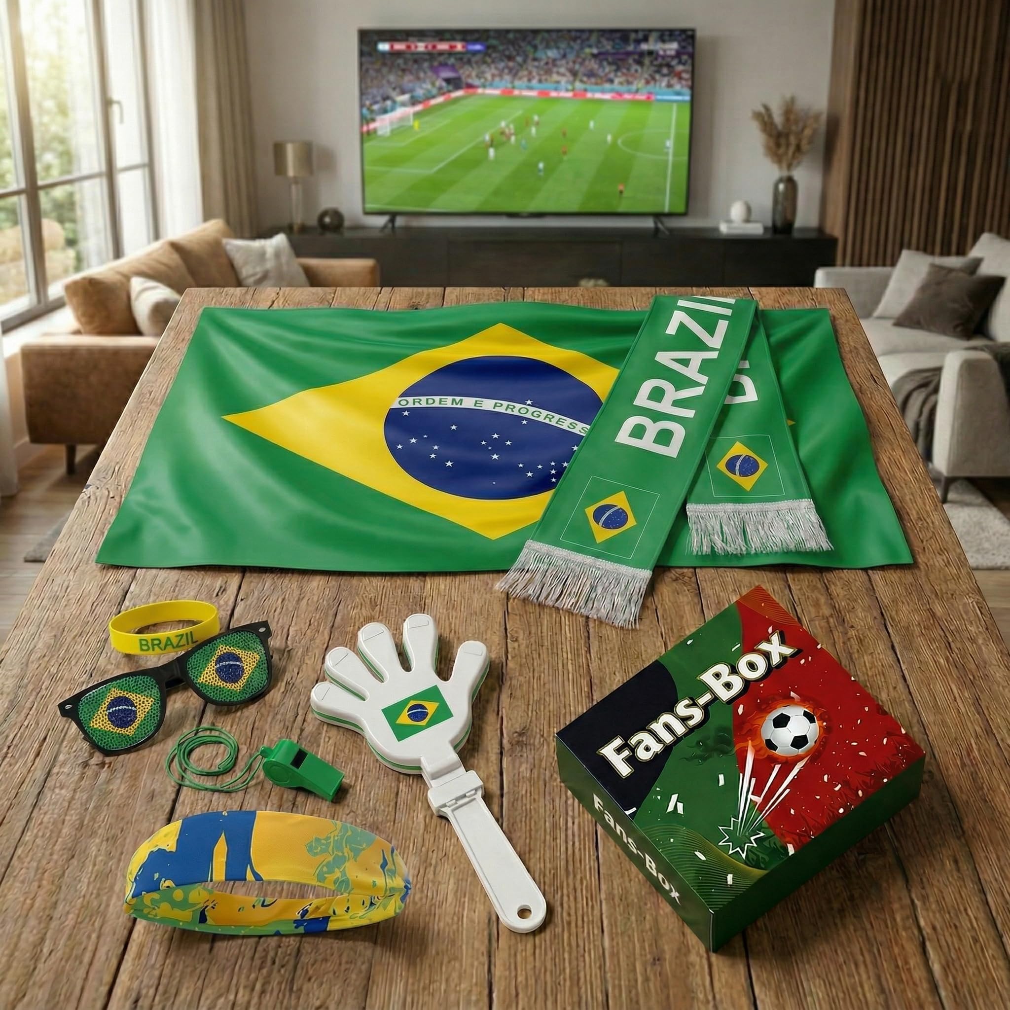 Soccer Fan Gear Set 2026-7 Piece Game Day Kit with Flag, Scarf, Glasses, Whistle, Clapper, Wristband & Headband in Gift Box - Watch Party & Stadium Essentials for Brazil - 3