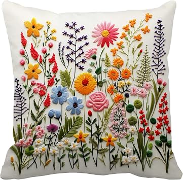 Wildflower Faux Embroidery Print 18x18 Inch Throw Pillow Cover, Boho Embroidered Floral Decorative Cushion Case, Spring Summer Home Room Couch Decor Mom Wife Sister Her Flower Soft Pillowcase