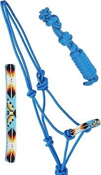 Nylon Horse Braided Beaded Noseband Rope Halter Lead Rope Tack Blue 606RT27