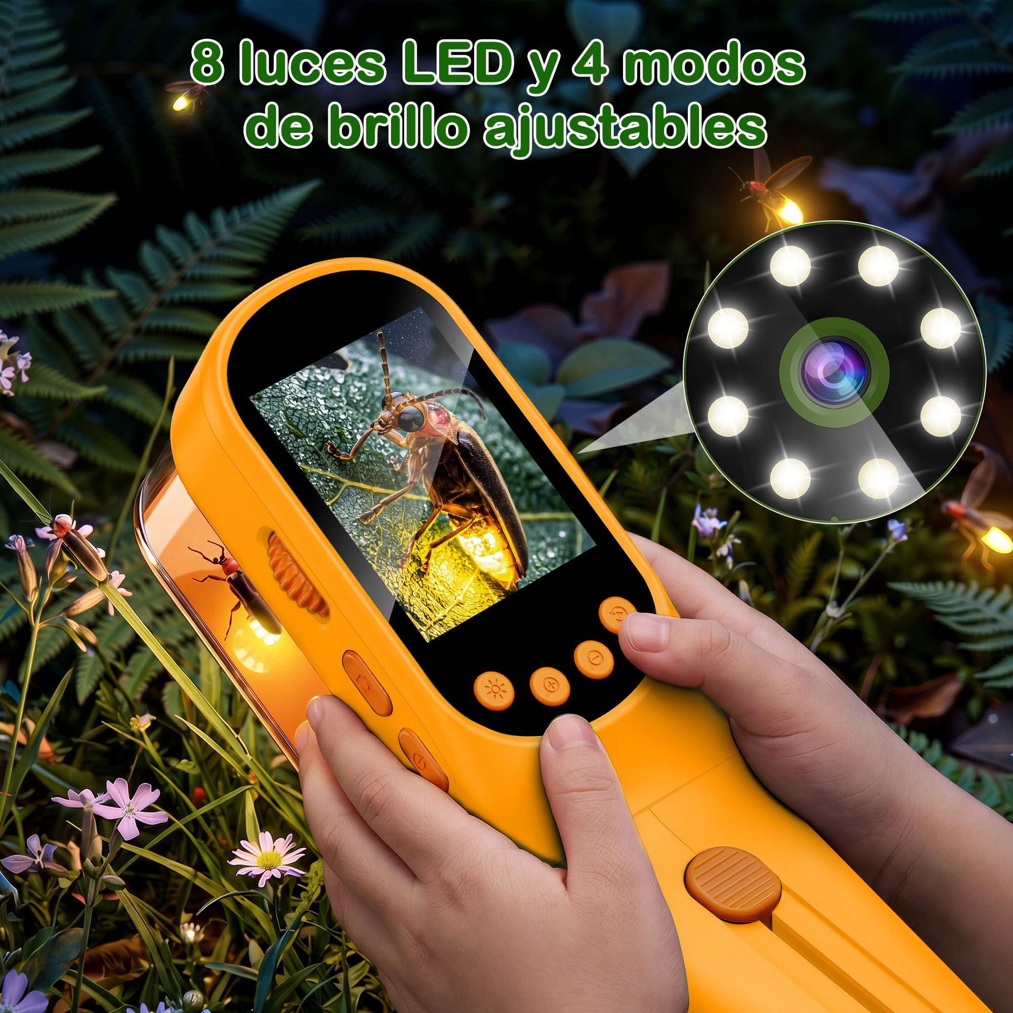 CIMELR Atrapa Insectos 2,4" HD microscopio – Juguete Naturaleza para niños | Atrapa insectos batería 1000mAh, 8 LED, cámara 1080P, proyección PC, kit STEM 3-12 años