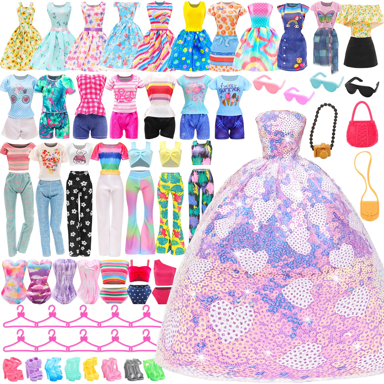 BARWA 37 Pcs Doll Clothes and Accessories for 11.5 Inch Girl Dolls Including 1Sequin Wedding Gown, 5 Tops 5 Pants, 4 Fashion Dresses, 2 Swimwear, 10 Hangers, 5 Pairs of Shoes, Bags, Glasses, Camera