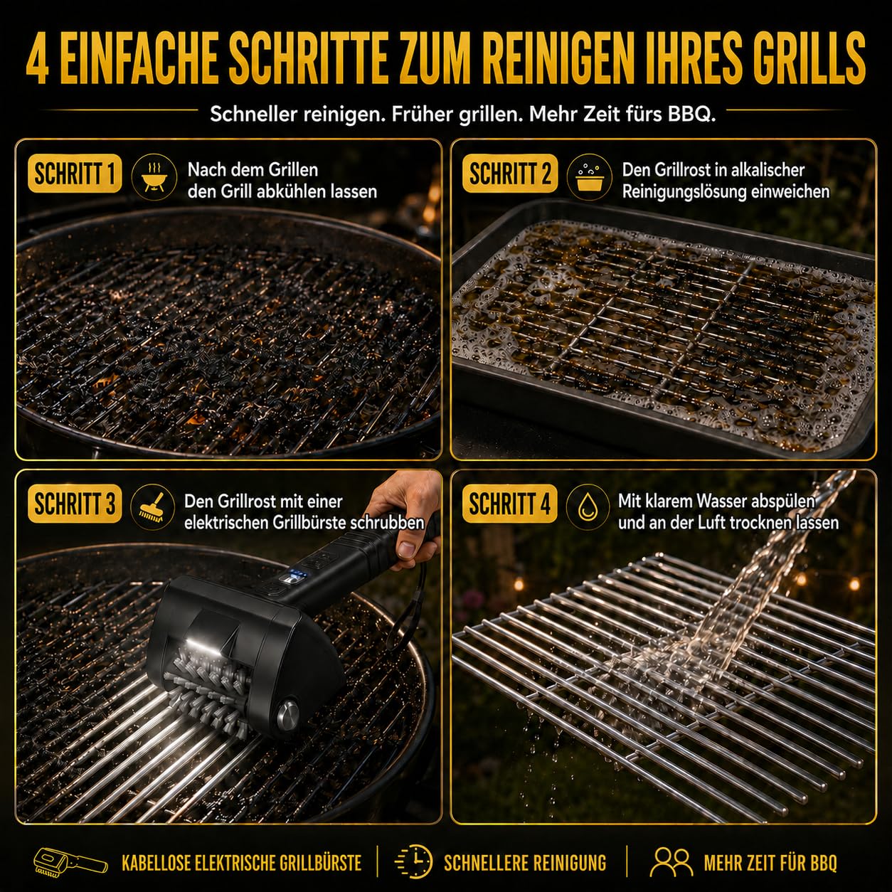 KINGLEAD Elektrische Grillbürste Kabellose BBQ Reinigungsbürste 4000 mAh | 2 Geschwindigkeiten, Edelstahl 304 Bürstenkopf, LED Licht, Schaber & Handschuhe für einfache Grillreinigung
