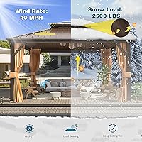 Vista 6 de MELLCOM Cenador de techo rígido de 12 x 14 pies, cenador de aluminio de doble techo de metal con cortina y red, pabellón de acero galvanizado