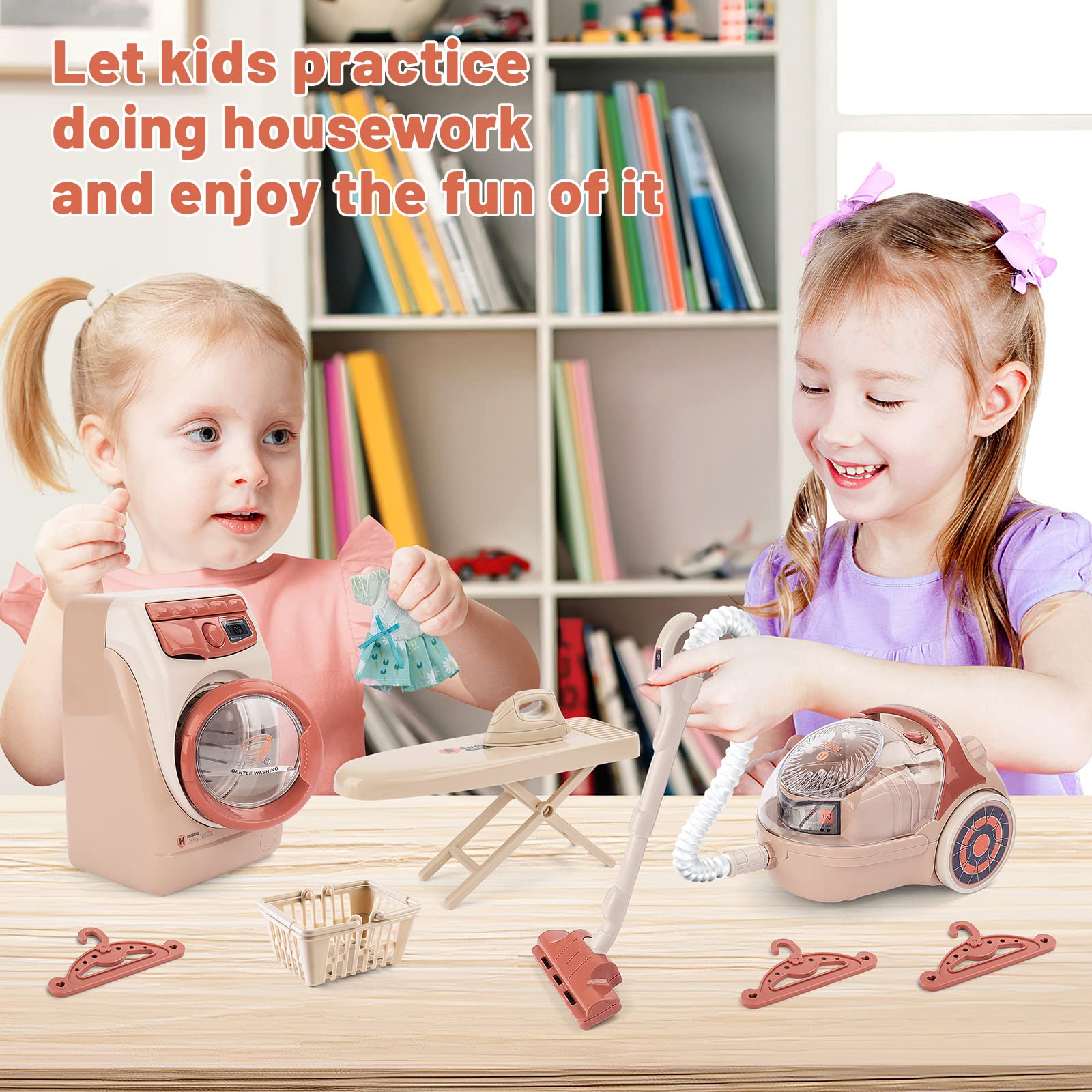 Juego de lavadora de juguetes y aspiradora para niños, mini lavadora para niños, juego de lavandería para niños, muebles de casa de muñecas, lavadero y plancha, juego de limpieza para niños y 7