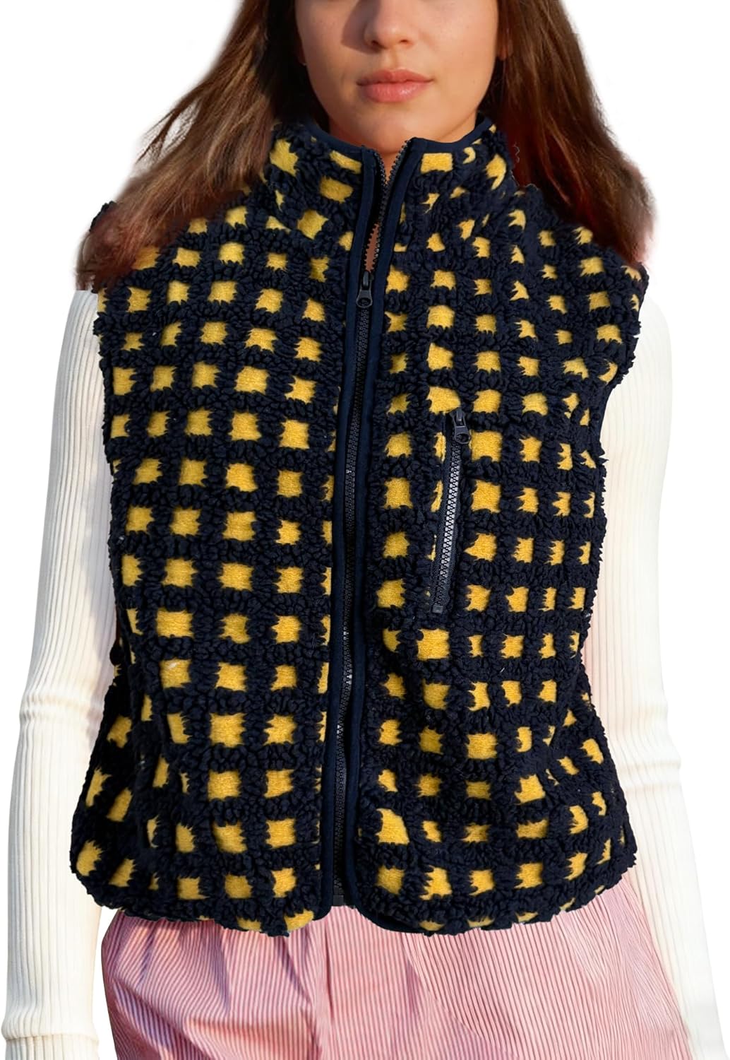 Womens Checkered Sherpa Vest Sleeveless Winter Fleece Jacket High Neck Zip Up Plaid Gilet with Chest Pocket