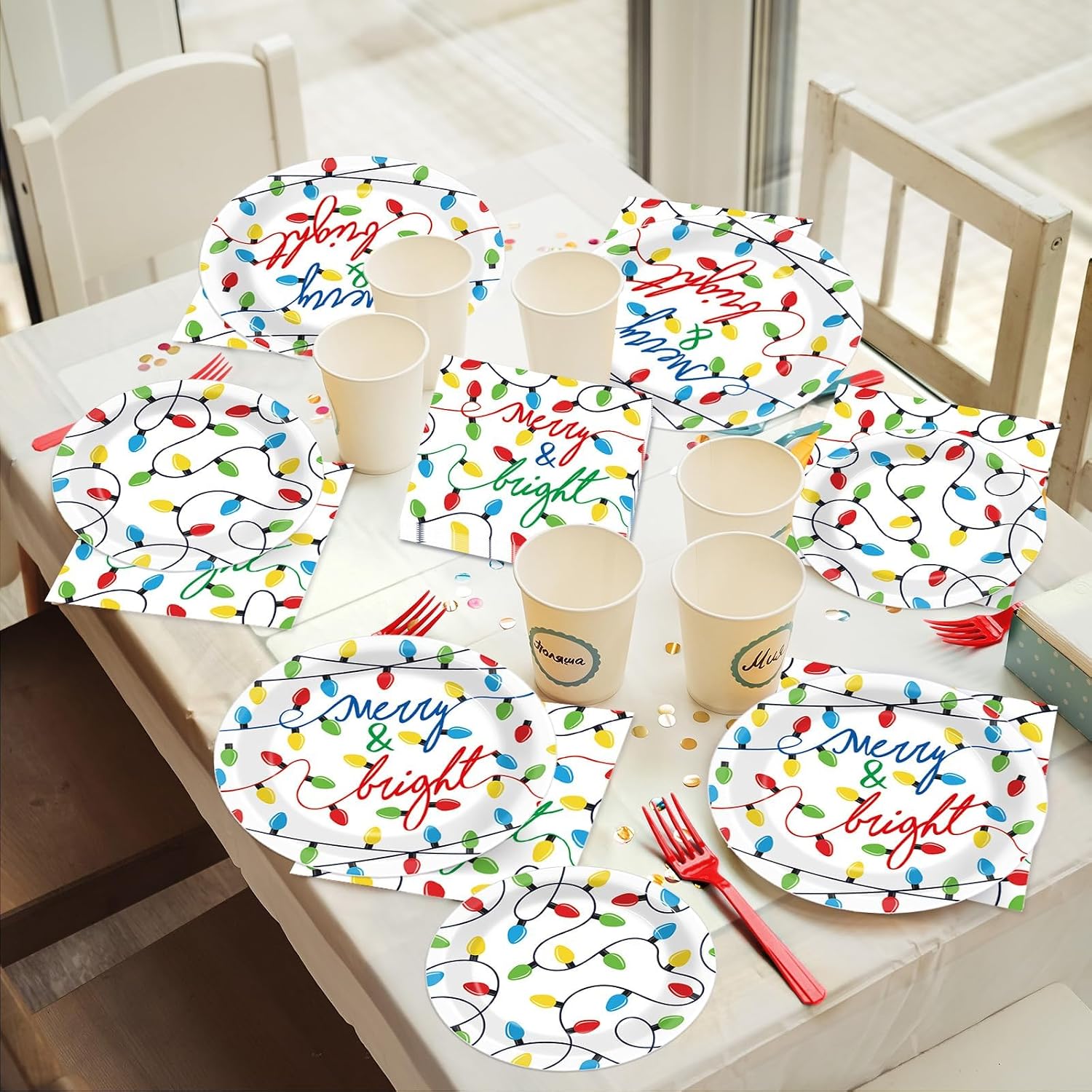 ZOIIWA 96PCS Merry Christmas Party Tableware Set Christmas Lights Party Supplies Merry and Bright Disposable Dinnerware Plates Napkins Forks with Holiday String Lights for Xmas Birthday Favors