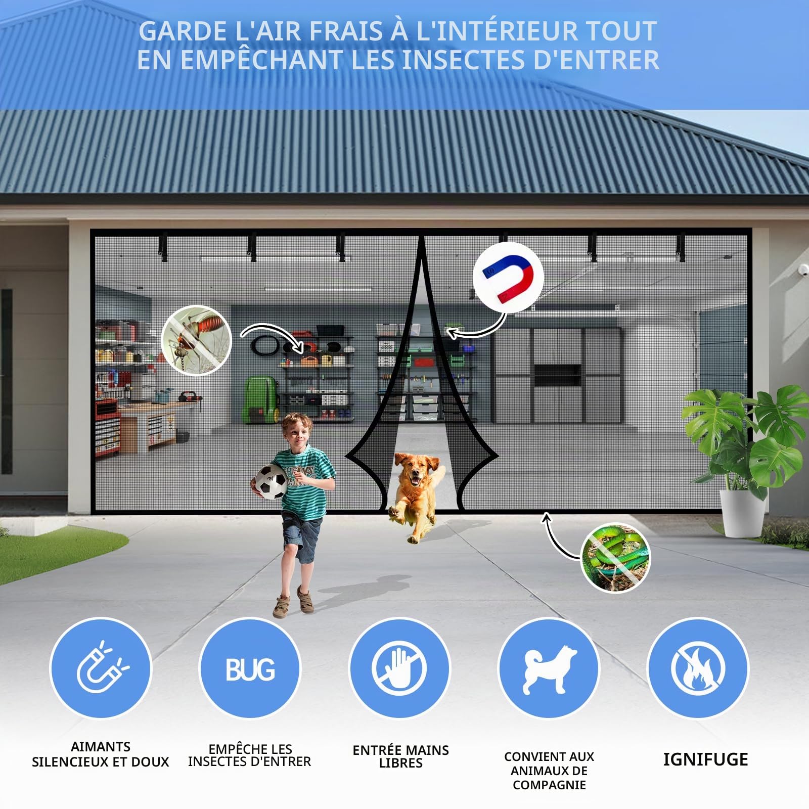 Moustiquaire de porte de garage pour 1 voiture – 2,7 x 2,4 m – Moustiquaire magnétique avec maille en fibre de verre rétractable et fond lourd, montage facile et passage, kit de porte à moustiquaire à