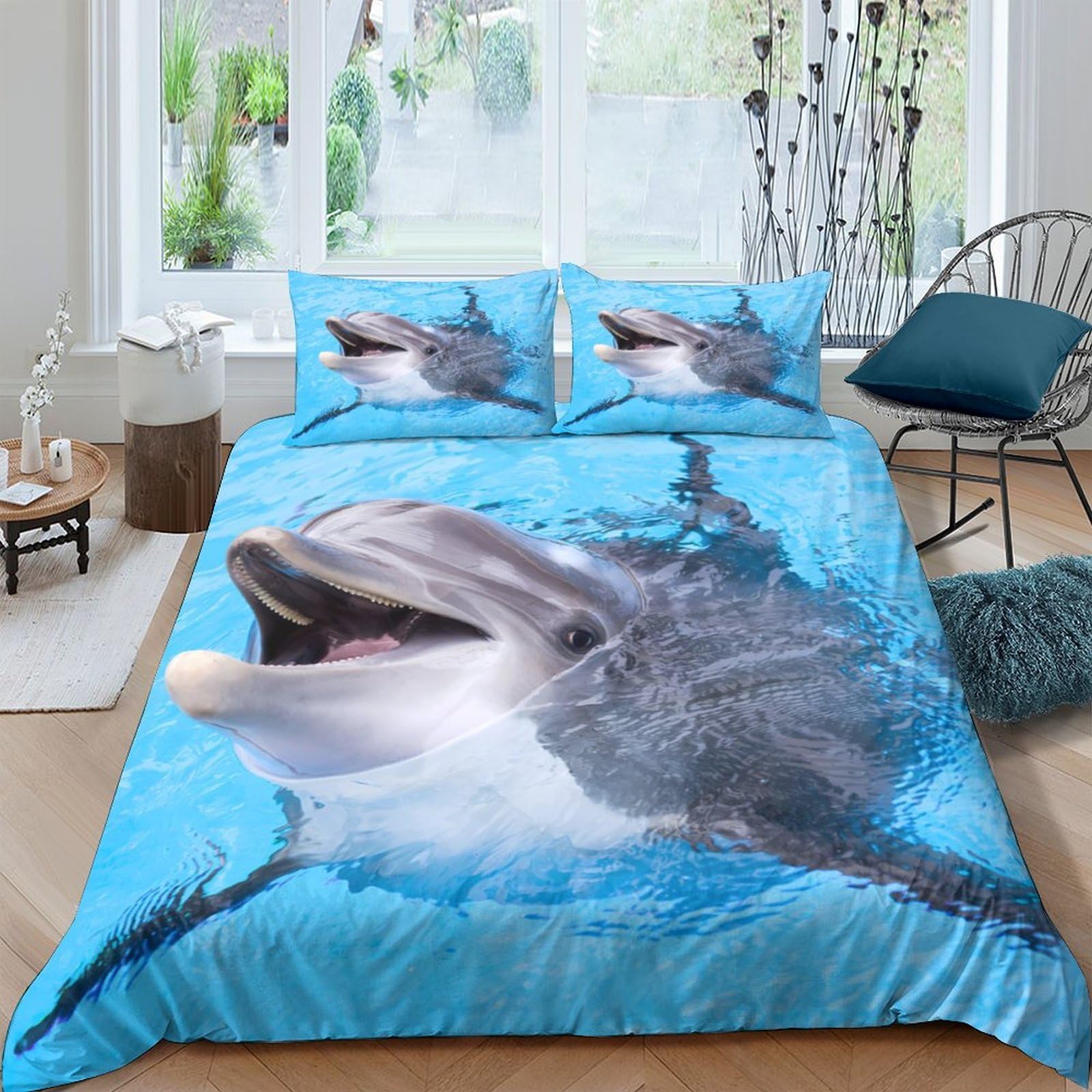 GPLZQXKJNH 3D Printed Dolphin Ocean Duvet Cover Set Microfiber Soft Blue Water Quilt Cover with 2 Pillowcases for Bedroom Apartment Decor, Single（135x200cm）