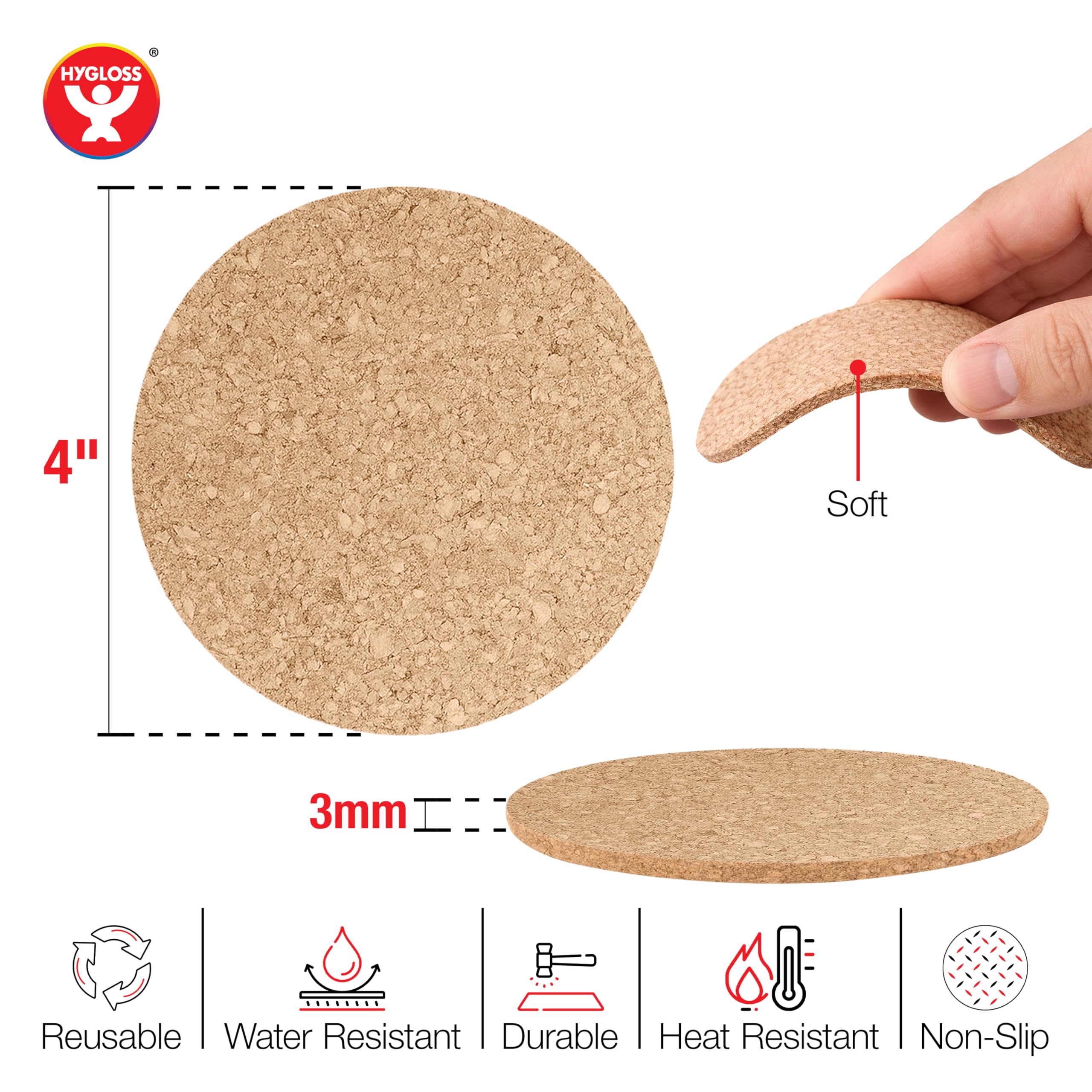 Hygloss Products Lot de 24 Dessous de Verre en liège Naturel – Écologiques et absorbants pour Boissons, Dessous de Plat et Loisirs créatifs, 3 mm, 10,2 cm