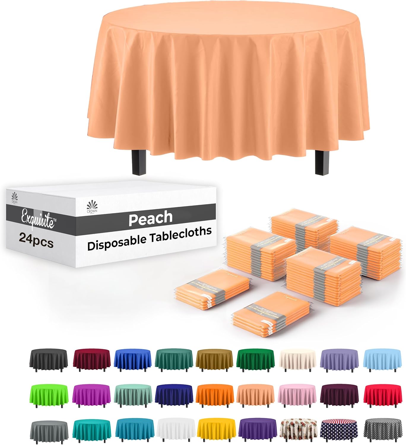 Party Solids Peach Round Plastic Tablecloth - 84 Inch, Pack Of 24