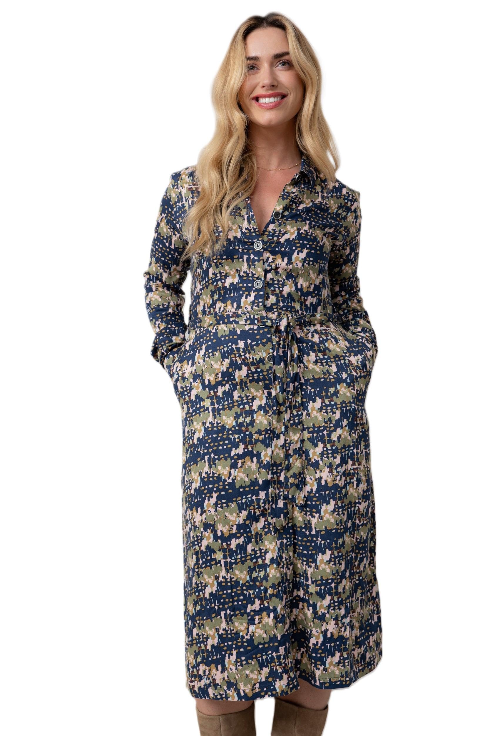 Lily & Me Anya Midi Shirt Dress - Navy Viscose - Button Through - Geo Print - Size 16