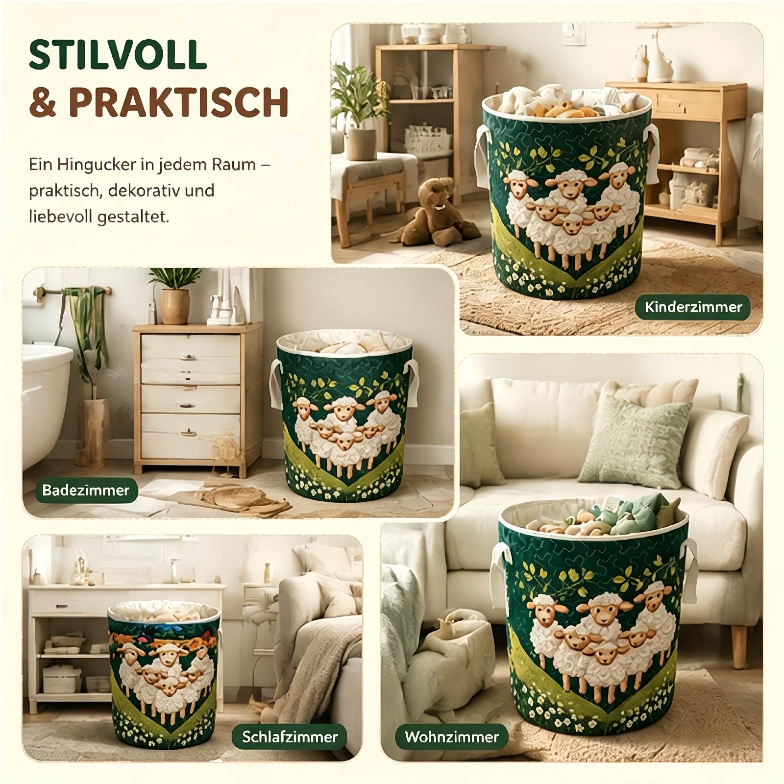 Wäschekorb Schäfchen für Kinderzimmer, Faltbarer Stoff Aufbewahrungskorb mit Griffen, Großer Wäschekorb Schafe für Spielzeug (C, 20"X28")