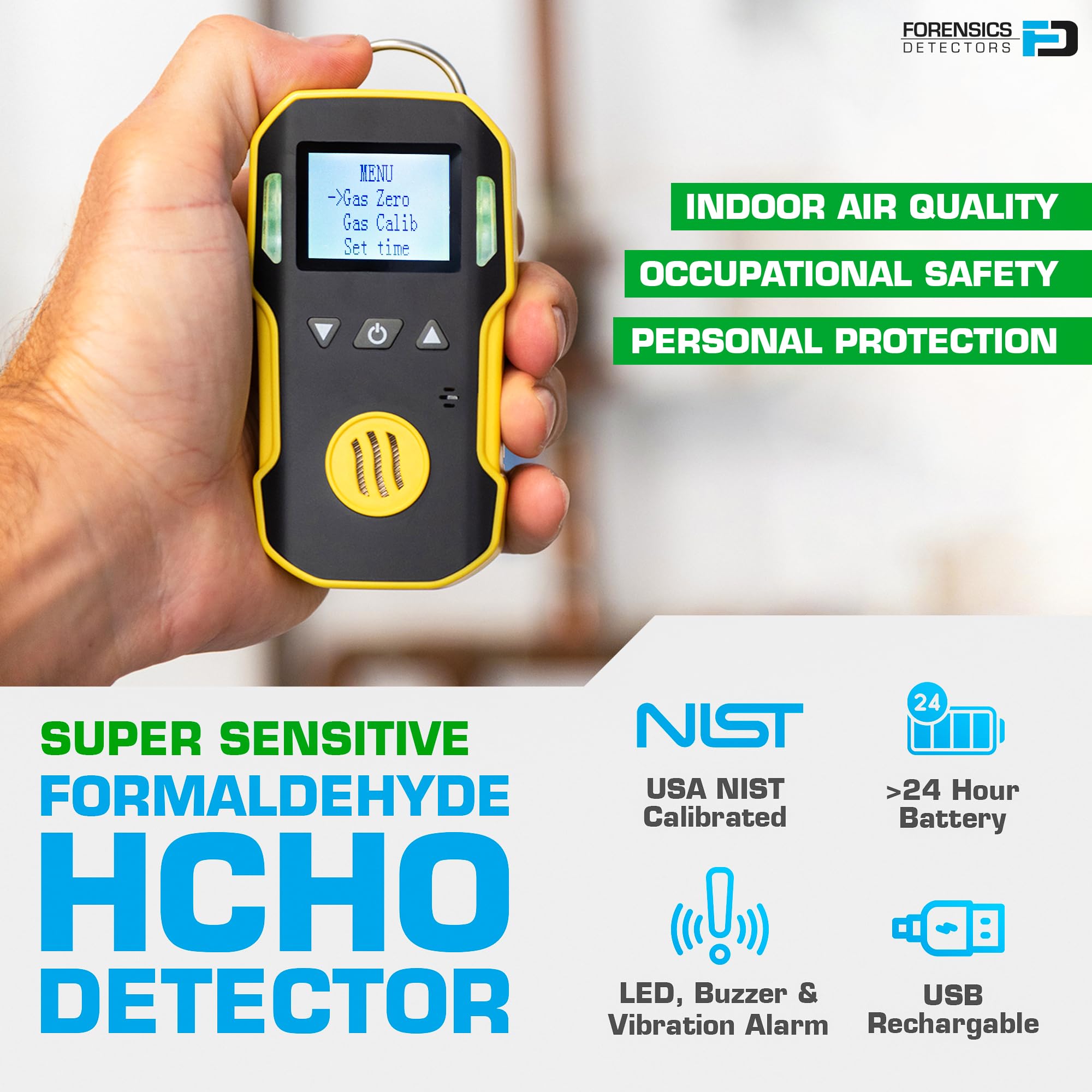 Detector de Formaldehído (HCHO) | Certificado de Calibración EU | Recarga USB | Alarmas Sonoras, Luminosas y por Vibración | 0–10 ppm HCHO