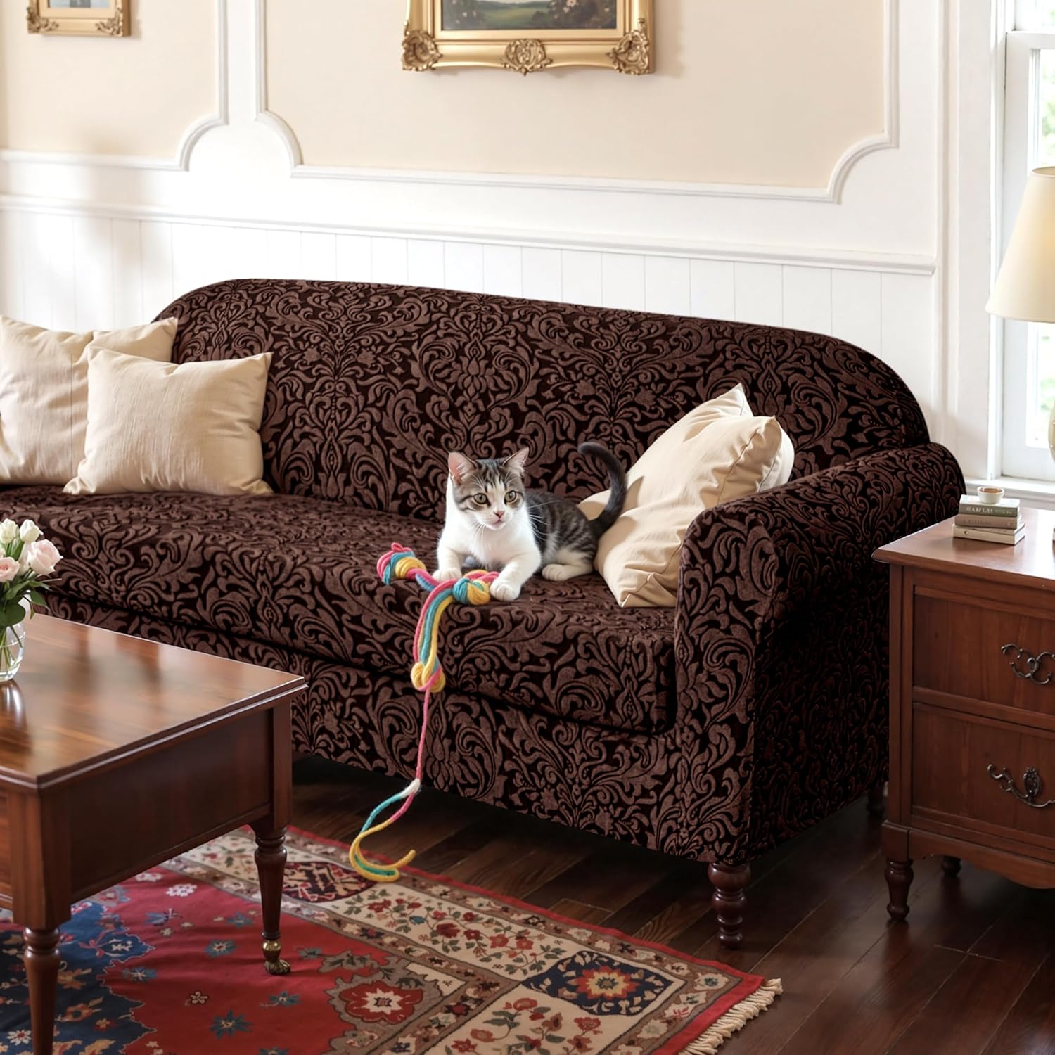 SUBRTEX 2 Piece Couch Covers, Jacquard Damask 3 Seater Sofa Cover with Seat Cushion, Stretch Sofa Slipcovers Non Slip Furniture Protector for Dogs Pets (Large, Brown)