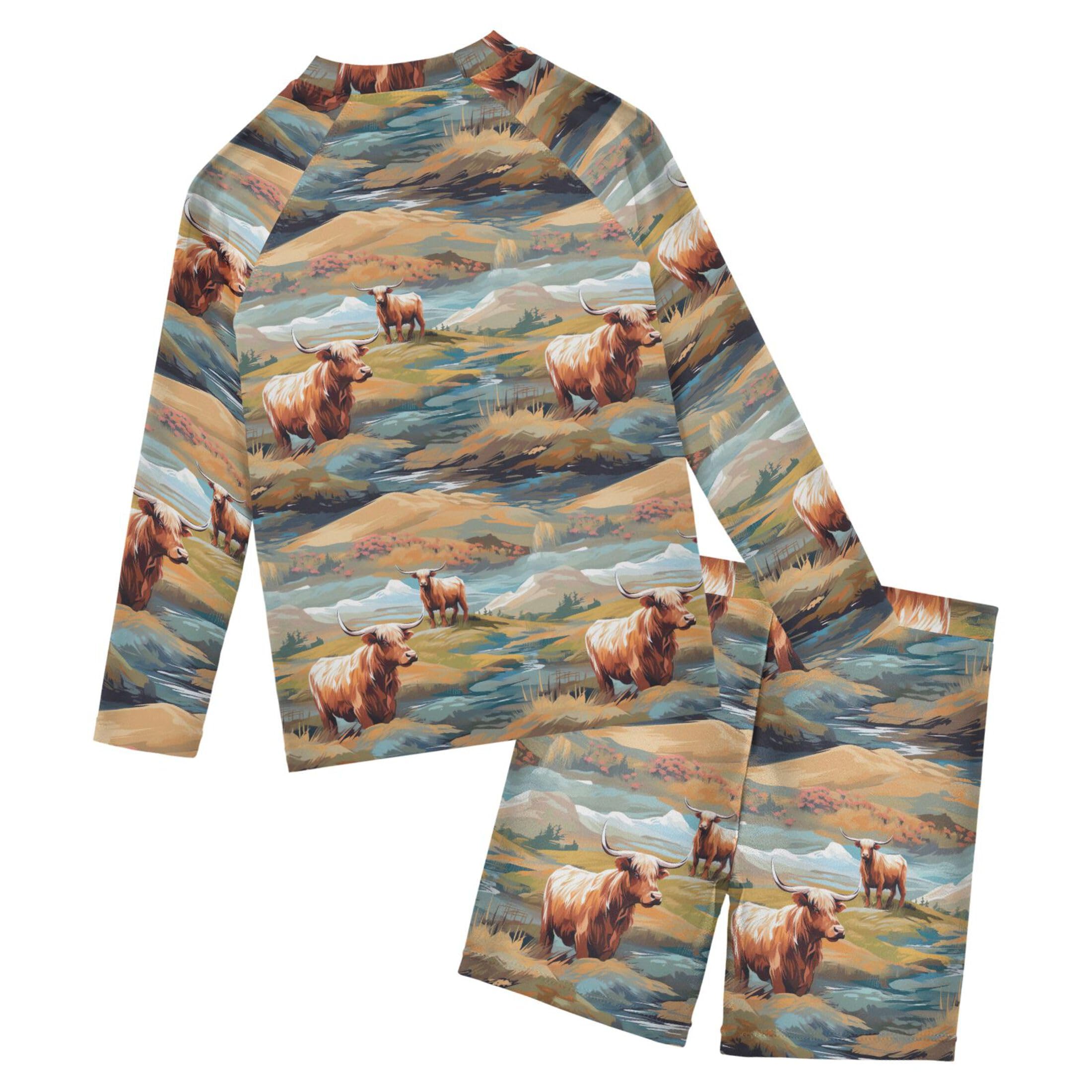 Highland Cow Boys Rash Guard Swimsuits Set for Boys Long Sleeve Swim Shirts Bathing Suits with Trunks B0403027