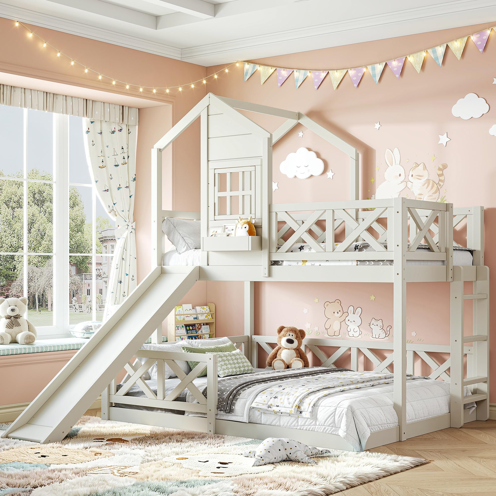 Twin-Over-Full Bunk Bed Frame with Slide, Wooden Playhouse Loft Bunk Bed with X-Shaped Safety Guardrail, Window & Storage Space, No Box Spring Needed (Beige-6.30)