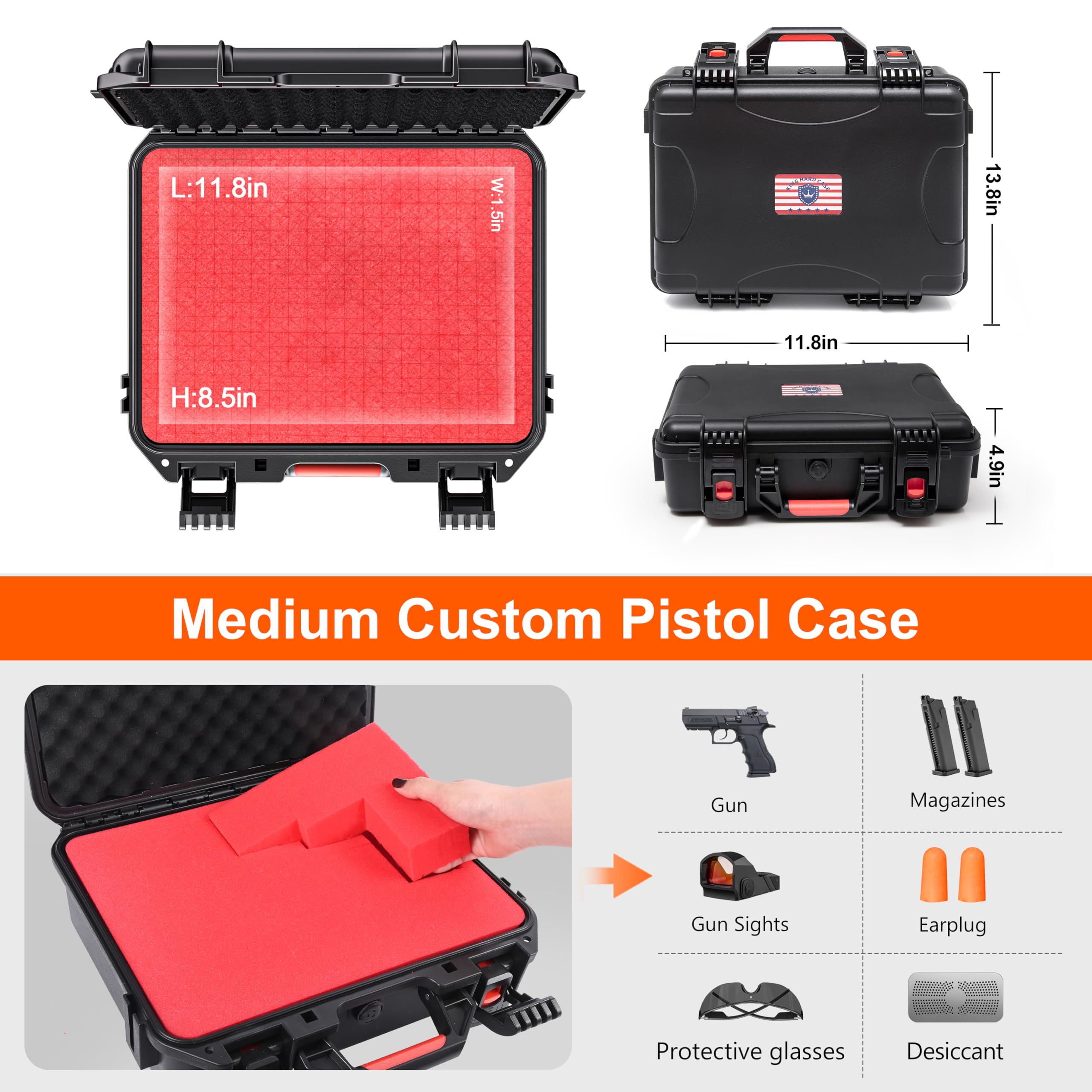 Kinghardcase Pistol Hard Case, Waterproof & Durable Gun Cases for 2 Handguns, Handgun Case Lockable with 2 Custom Foam Inserts for Gun Storage, 13.8