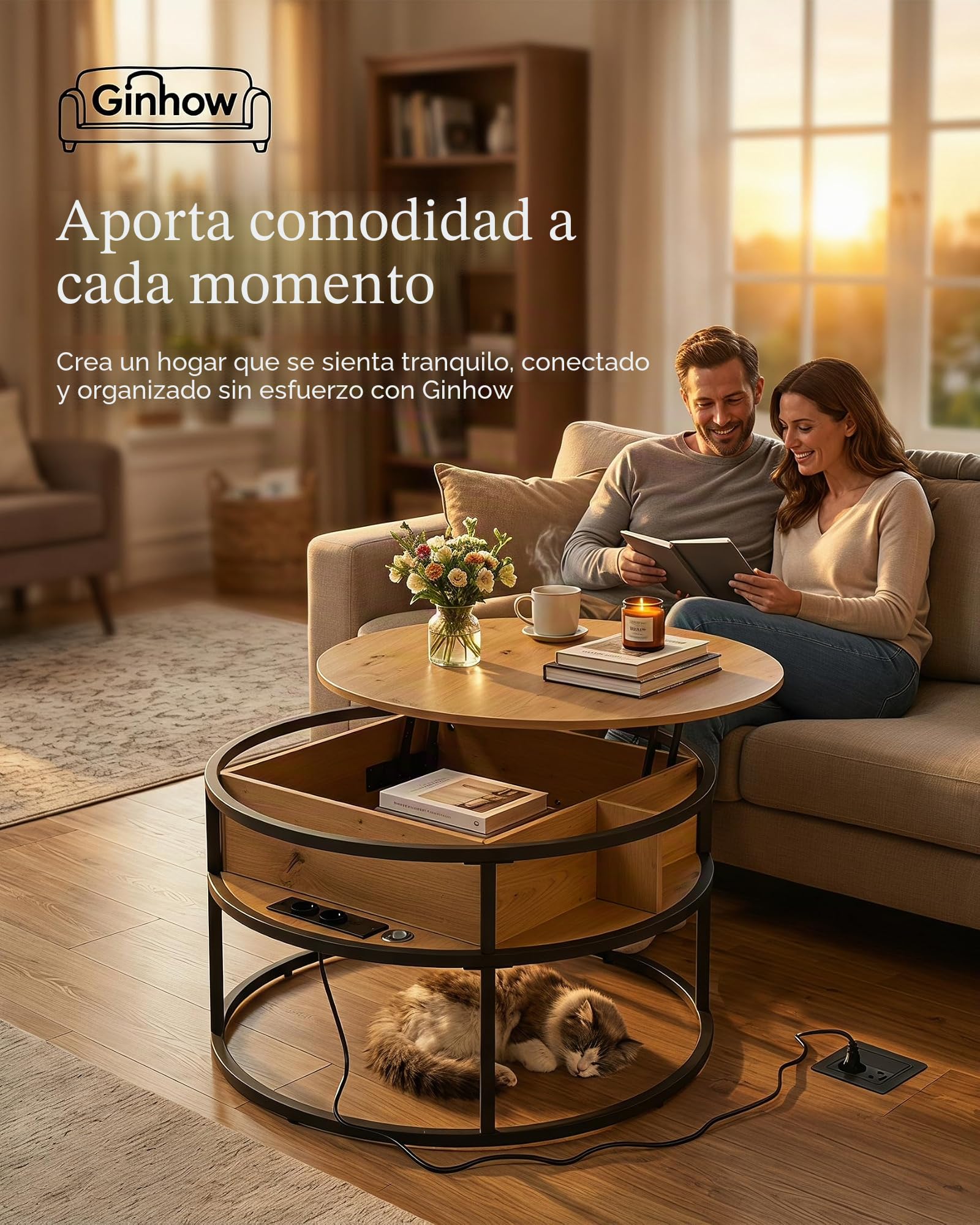 Mesa de Centro Elevable, Mesa de Centro Madera 80 x 80 x 48 cm, Mesa Elevable con Puertos USB y Tipo C, Luz LED y Compartimento Oculto, Mesa Auxiliar Sofa con Almacenamiento, Mesa Redonda