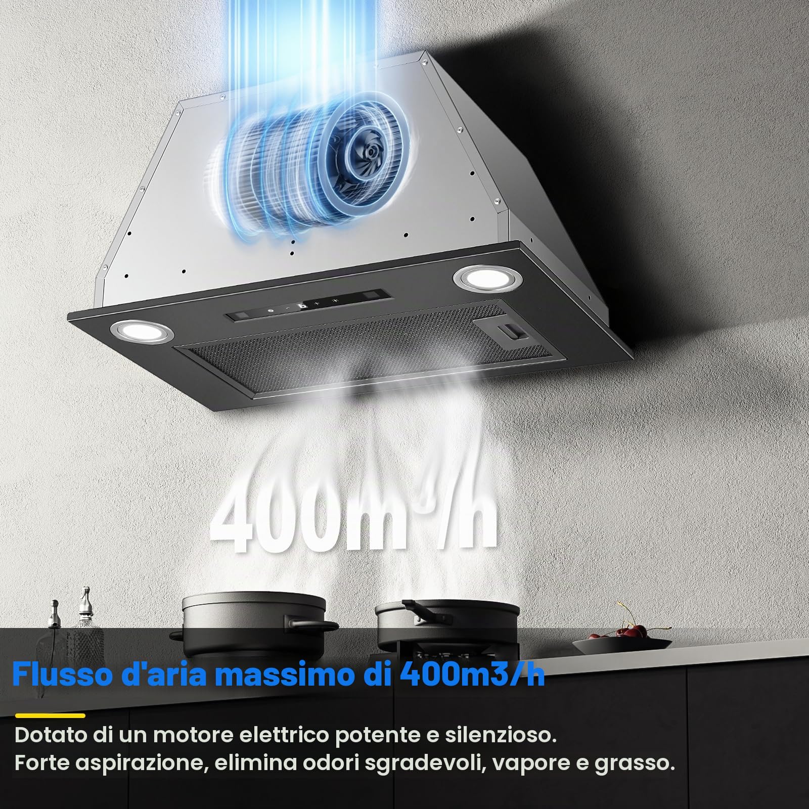 Cappa da incasso 52 cm, 400 m³/h, Nero Cappa da cucina, Comandi Gesto, Tocco, 3 velocità e Booster, Illuminazione a LED, Evacuazione dei condotti e ricircolo con filtro carbone attivo