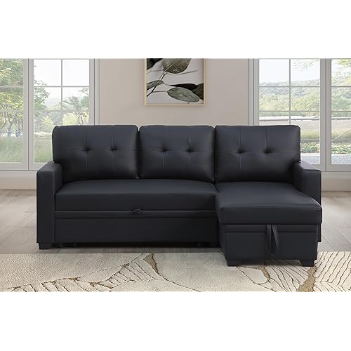L Shaped Convertible Sleeper Sectional Sofa with Storage Chaise and Pull-Out Bed, Tufted Upholstered Reversible Corner Couch w/Detachable Backrest for Living Room, Apartment
