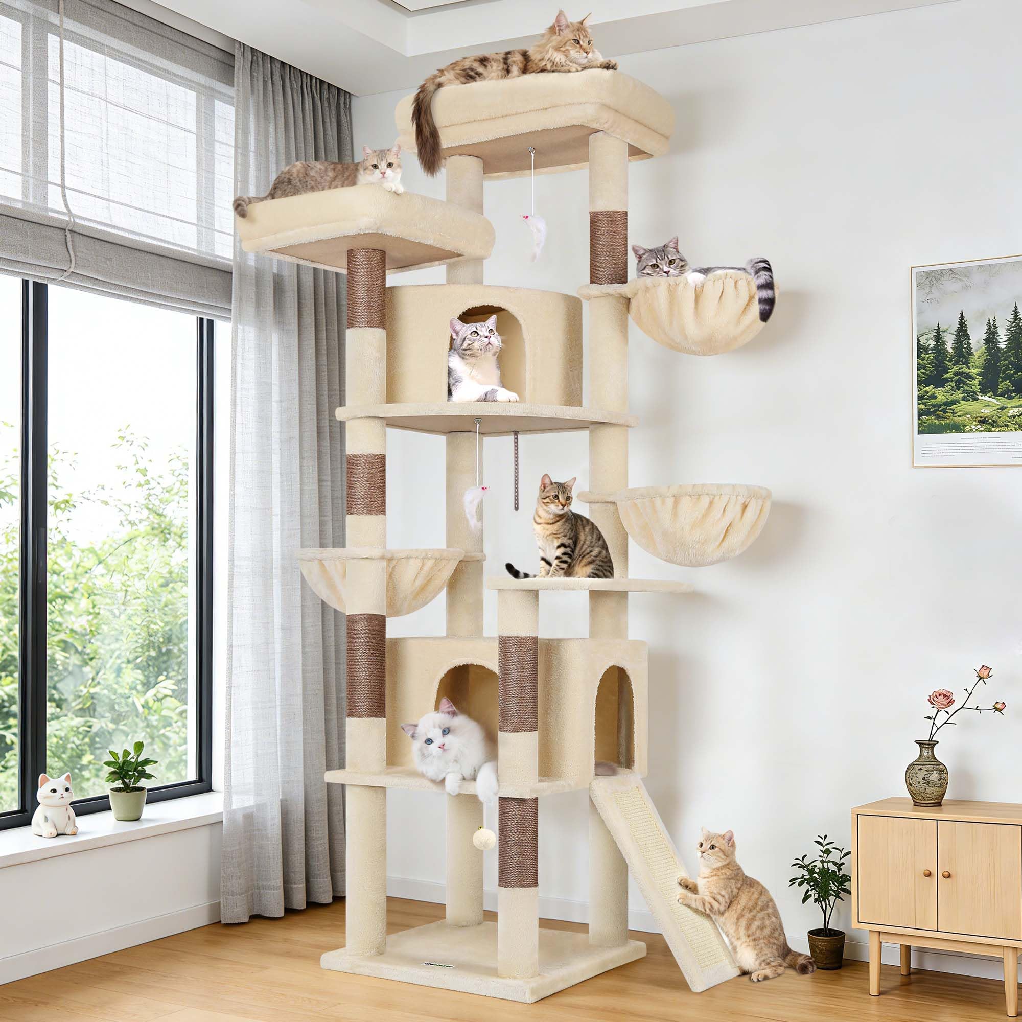 Globlazer Large Cat Tree Tower F76C, a multi-level cat furniture with beige plush covering.
