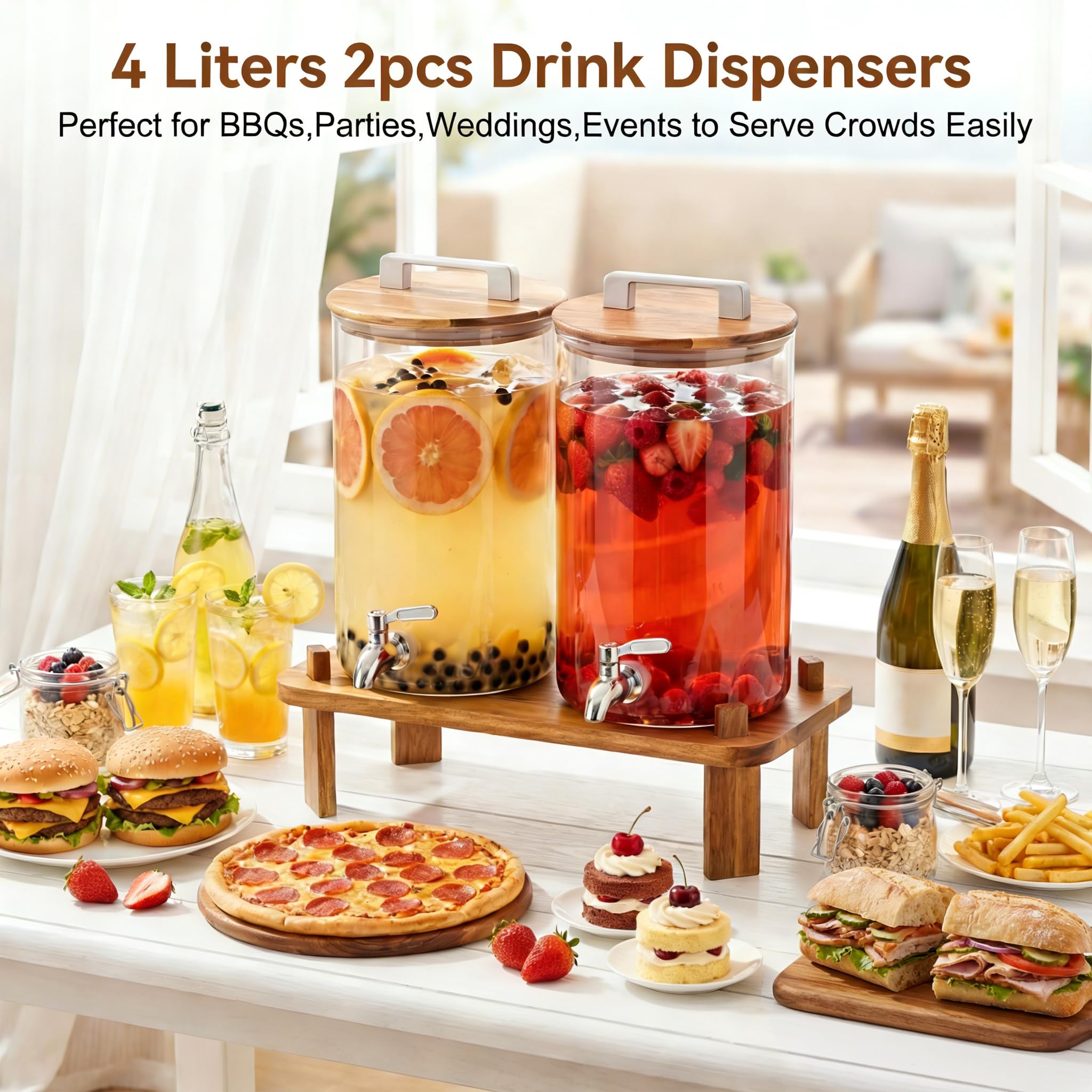 ‌MerryNine 2x4L Verre Distributeurs de Boissons, Distributeur Boissons avec Support en Bois, avec Robinet en Acier Inoxydable, Distributeurs d'Eau pour Fêtes, Idéal pour Limonades Froides ou Chaudes