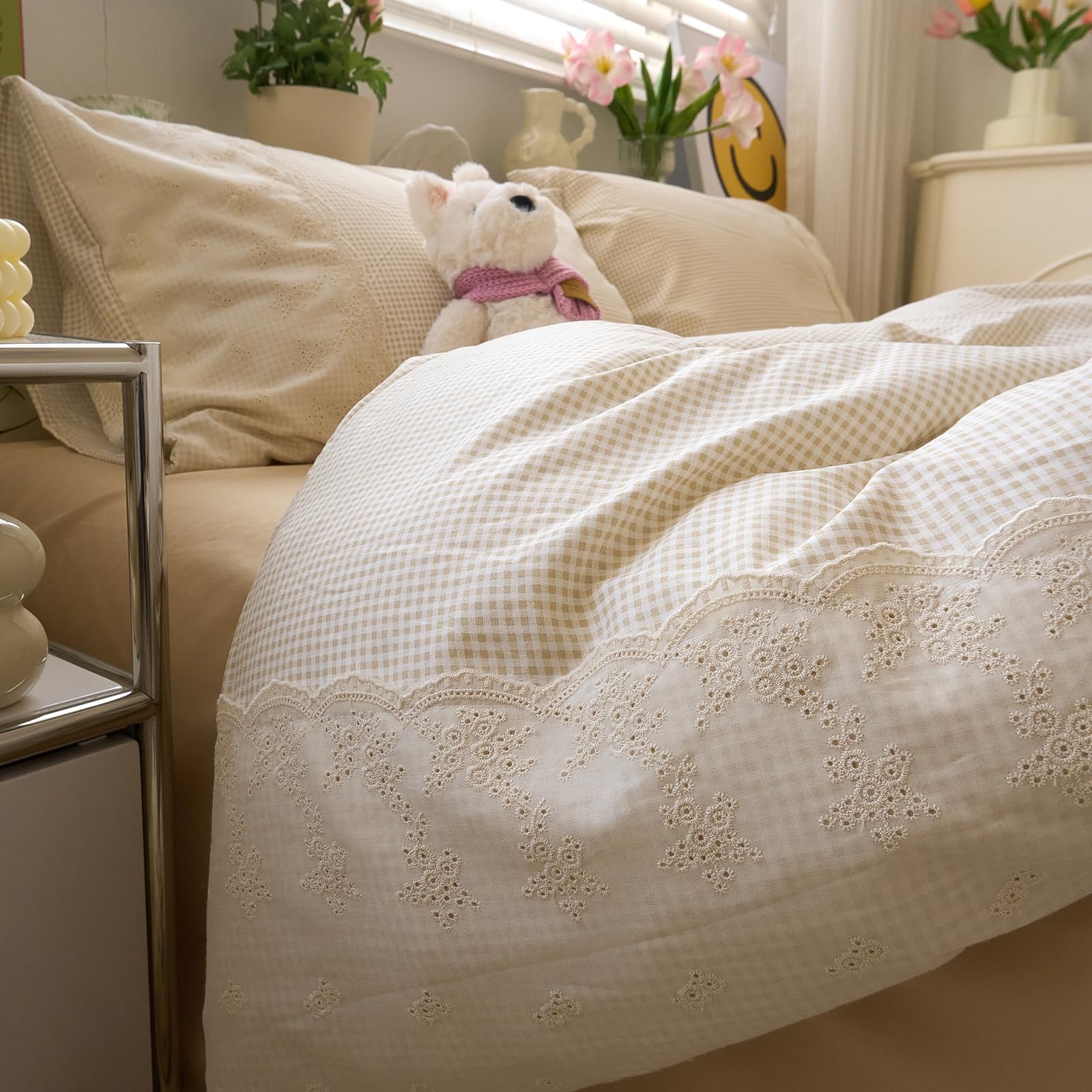 Photo 1 of LifeTB Tan Gingham Duvet Cover Queen 3 Pieces Romantic Lace Duvet Cover Vintage Plaid Checkered Comforter Cover with 2 Pillowcases Soft Microfiber Beige Tan Grid Farmhouse Plaid Bedding Set
