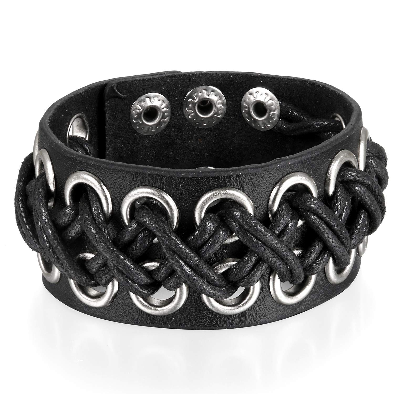 JewelryWe Schmuck Herren Breit Lederarmband, Punk Druckknopf geflochten Leder Armband Wickelarmband Armreif Manschette, verstellbare Größe, Schwarz/Braun
