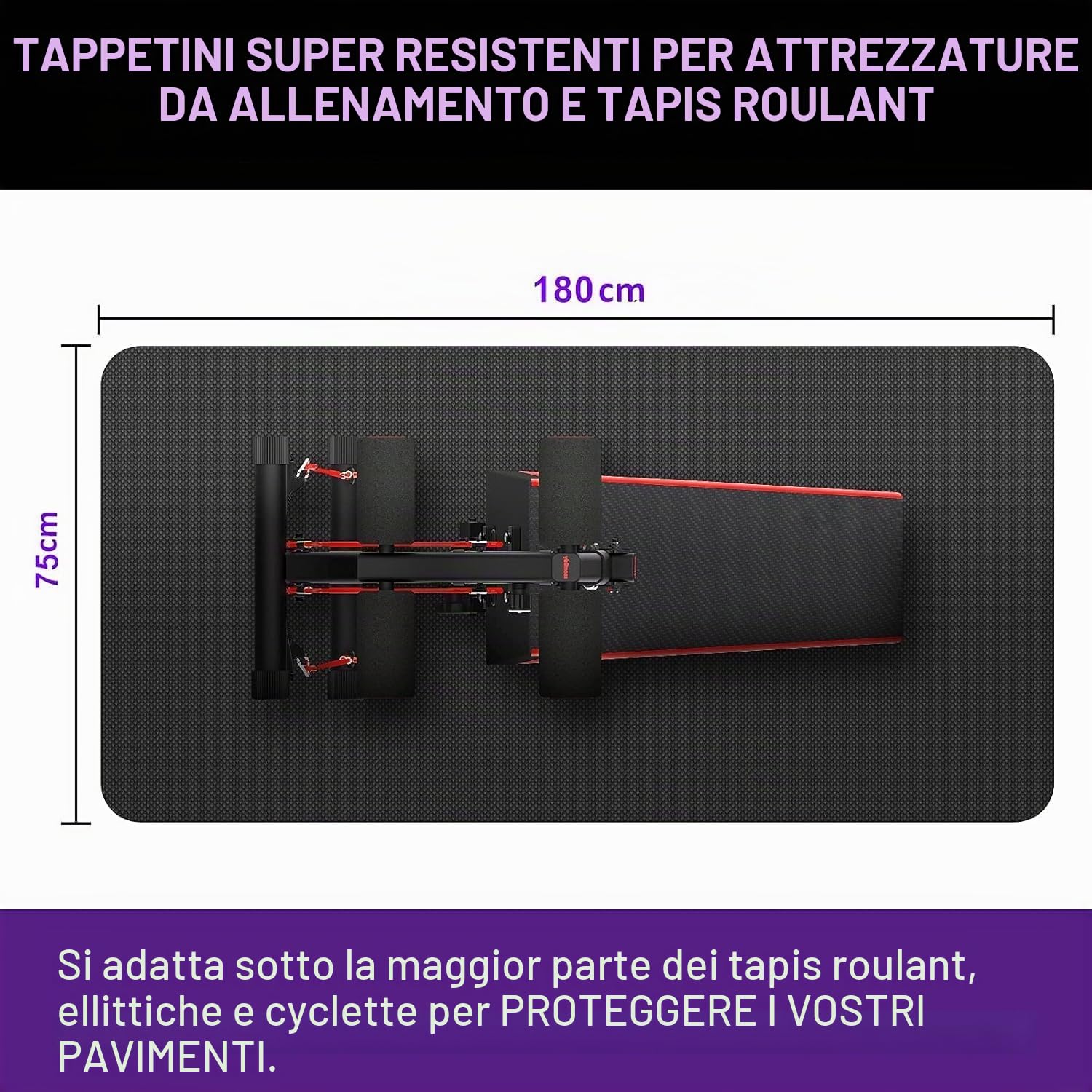 Tappetino per tapis roulant, tappetino protettivo resistente per cyclette, spin bike, attrezzature per il fitness, 180 cm x 75 cm, nero