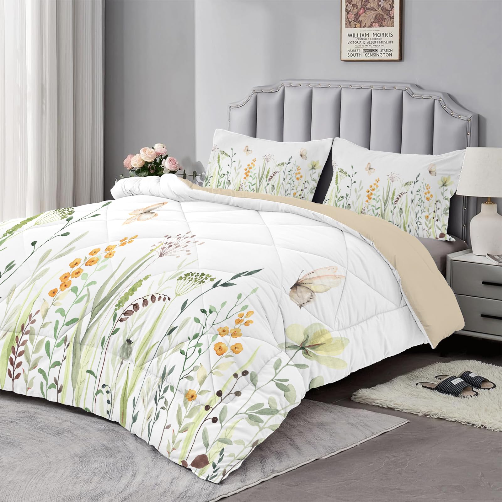 Dyausi Beige Double Duvet - Coverless Duvet With Matching Pillowcase 50X75cm - Reversible Flowers And Butterfly Patterned Quilt - Lightweight And Washable Duvet Double 200X200cm
