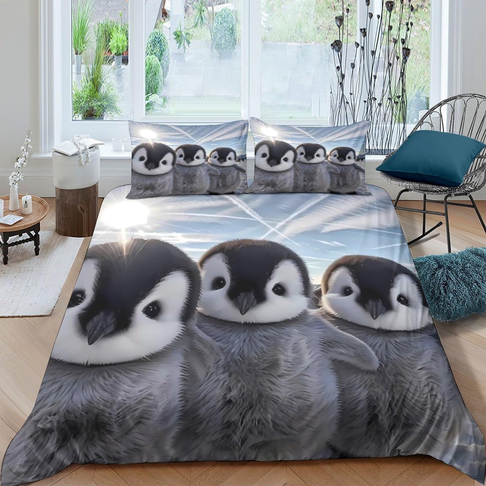 TUFRTGYHN 3D Printed Cute Baby Penguin Duvet Cover Microfiber Soft Breathable Arctic Animal Bedding Set with 2 Pillowcases for Bedroom Decor Single（135x200cm）