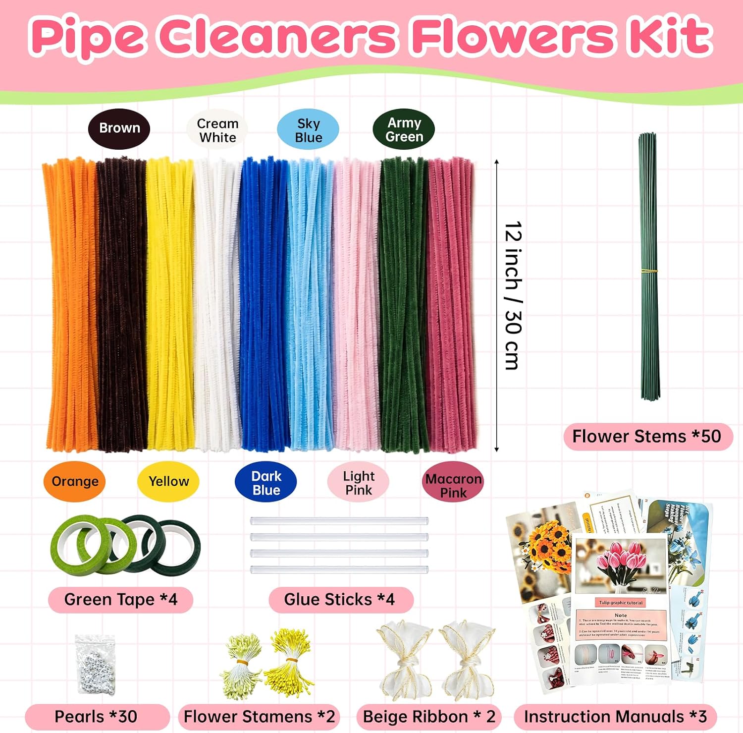 Roneenz 900 Pcs Pipe Cleaners Craft - Pipe Cleaners Flowers Kit with Handle, 9 Colors Chenille Stems Bulk for DIY Flower Making, Art and Craft Supplies